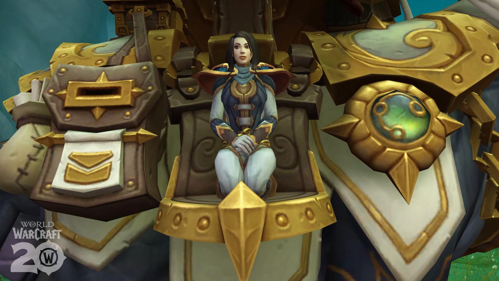 A human rides upon the Trader's Guilded Brutosaur mount in World of Warcraft (2024), Blizzard Entertainment
