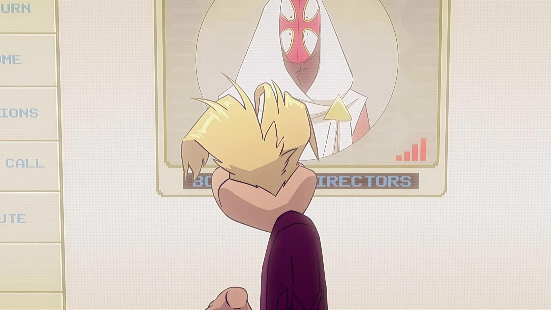 Rayman (David Menkin) begs the Eden Board of Directors for leniency in Captain Laserhawk: A Blood Dragon Remix Season 1 Episode 3 (2023), Netflix