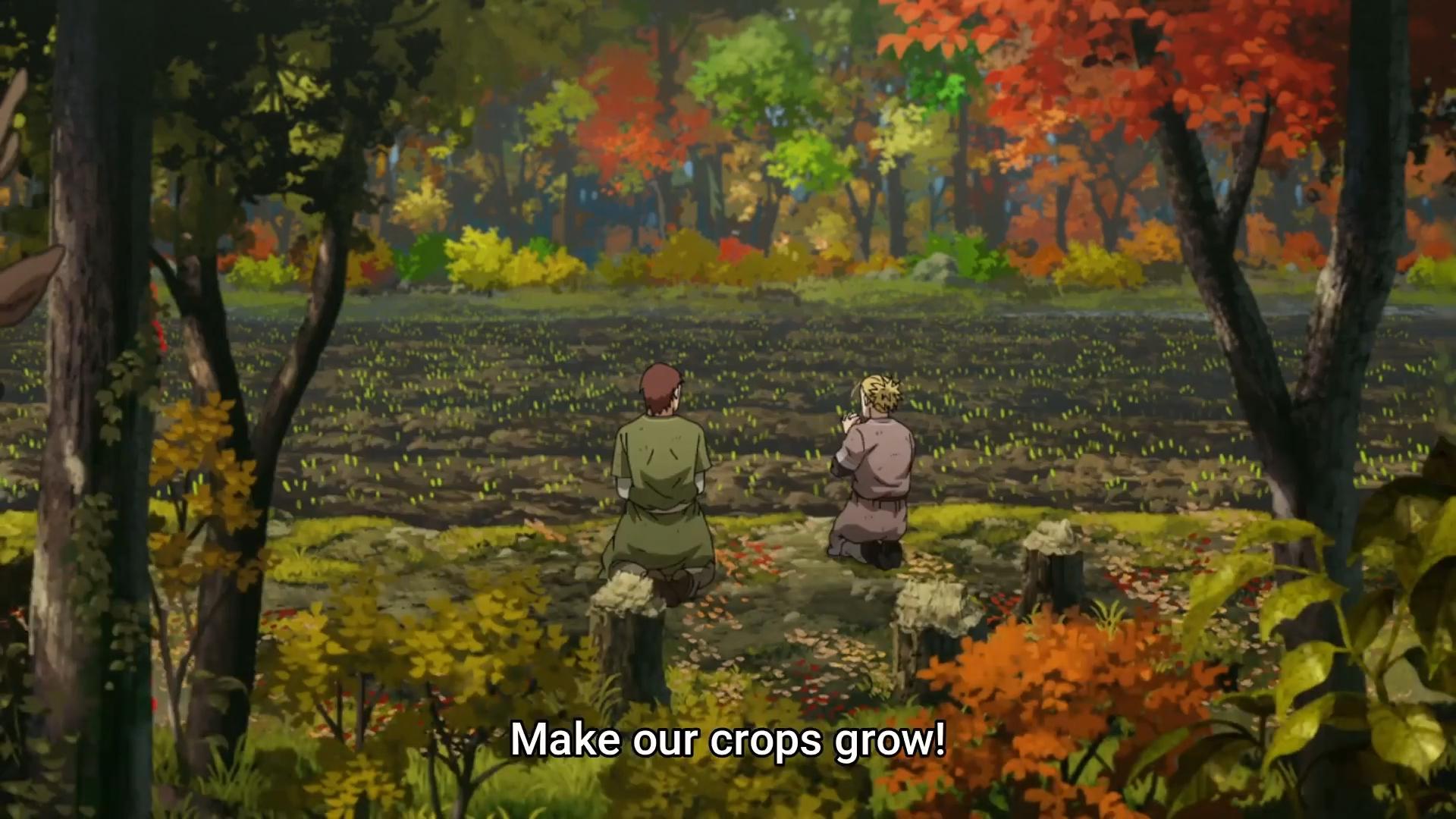 Einar (Shunsuke Takeuchi) and Thorfinn (Yūto Uemura) praying for a bountiful harvest. Vinland Saga, Kodansha