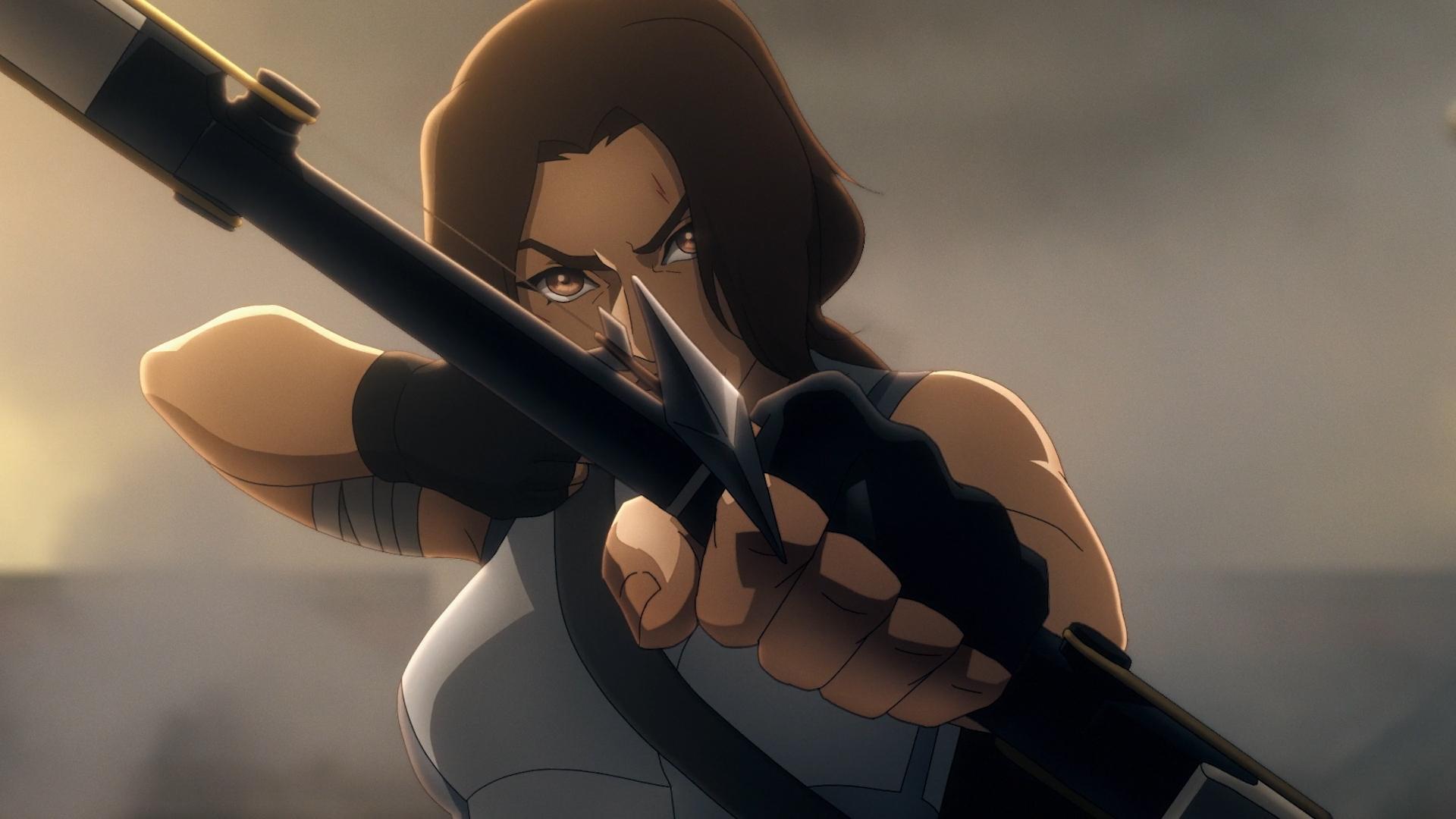 Lara Croft (Hayley Atwell) prepares to fire her bow in Tomb Raider: The Legend of Lara Croft (2024), Netflix