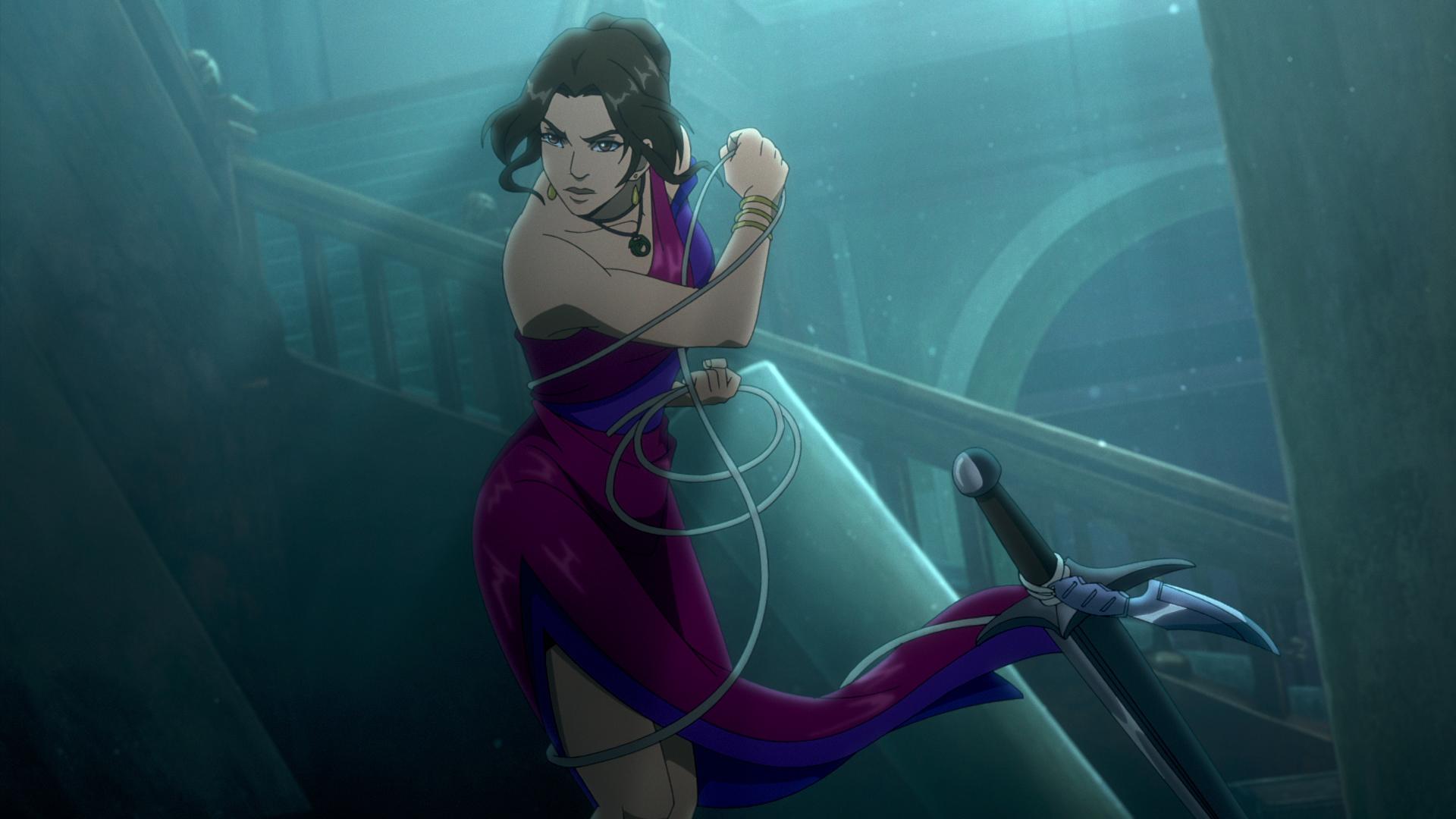 Lara Croft (Hayley Atwell) uses her evening wear to her combat advantage in Tomb Raider: The Legend of Lara Croft (2024), Netflix