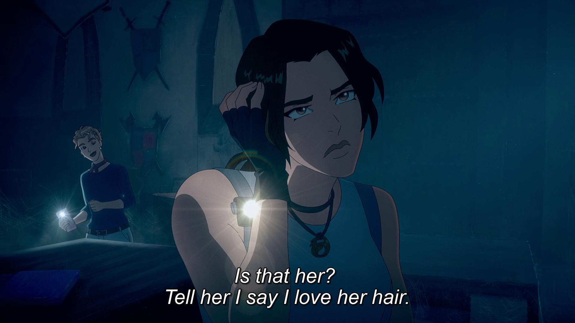 Zip (Allen Maldonado) asks Lara (Hayley Atwell) to convey a message to Camilla (Zoe Boyle) in Tomb Raider: The Legend of Lara Croft Season 1 Episode 4 "Big Lies, Small Secrets" (2024), Netflix