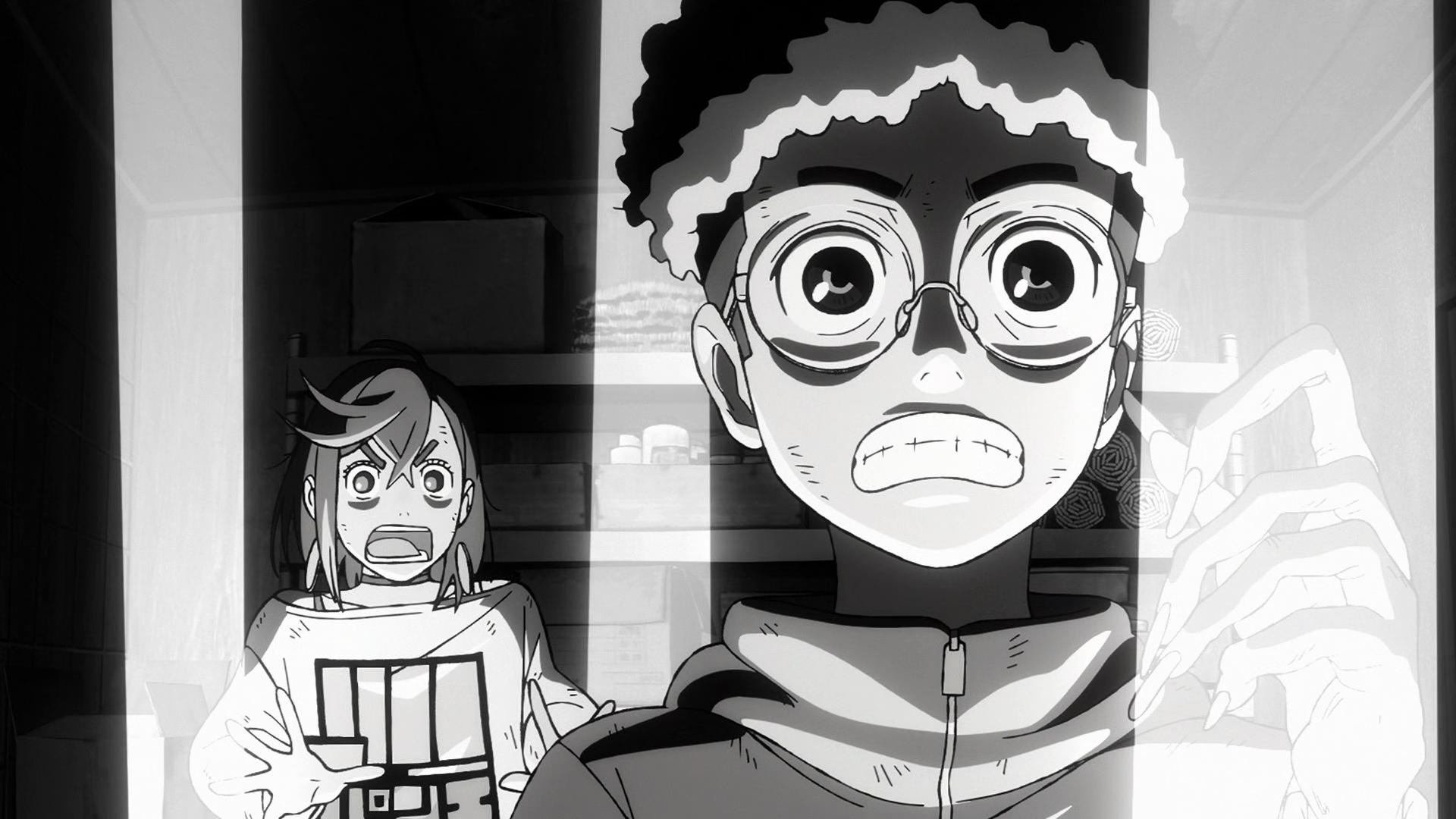 Momo Ayase (Shion Wakayama) and Ken (Natsuki Hanae) making a shocking discovery in Dandadan Season 1 Episode 2 "That's a Space Alien, Ain't It?!" (2024), Science SARU