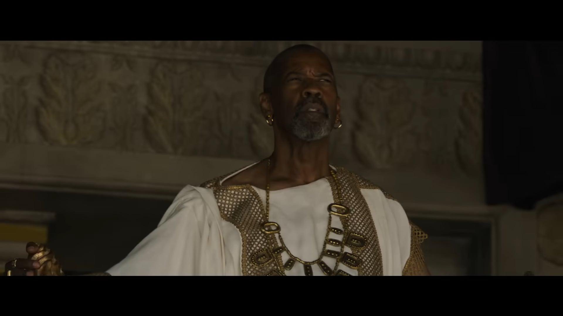 Macrinus (Denzel Washington) watches over an arena battle in Gladiator 2 (2024), Paramount Pictures