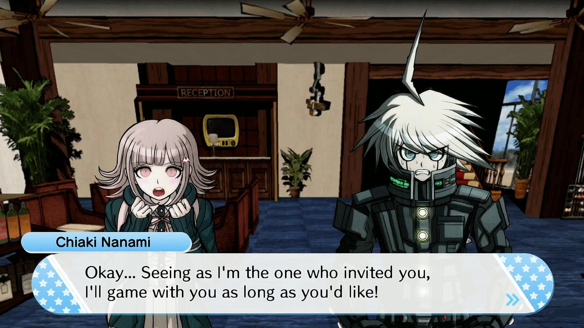 Chiaki (Kana Hanazawa) matches her gaming skills against K1-B0's (Tetsuya Kakihara) AI capabilities in Danganronpa V3: Killing Harmony (2017), Spike Chunsoft Co. Ltd.