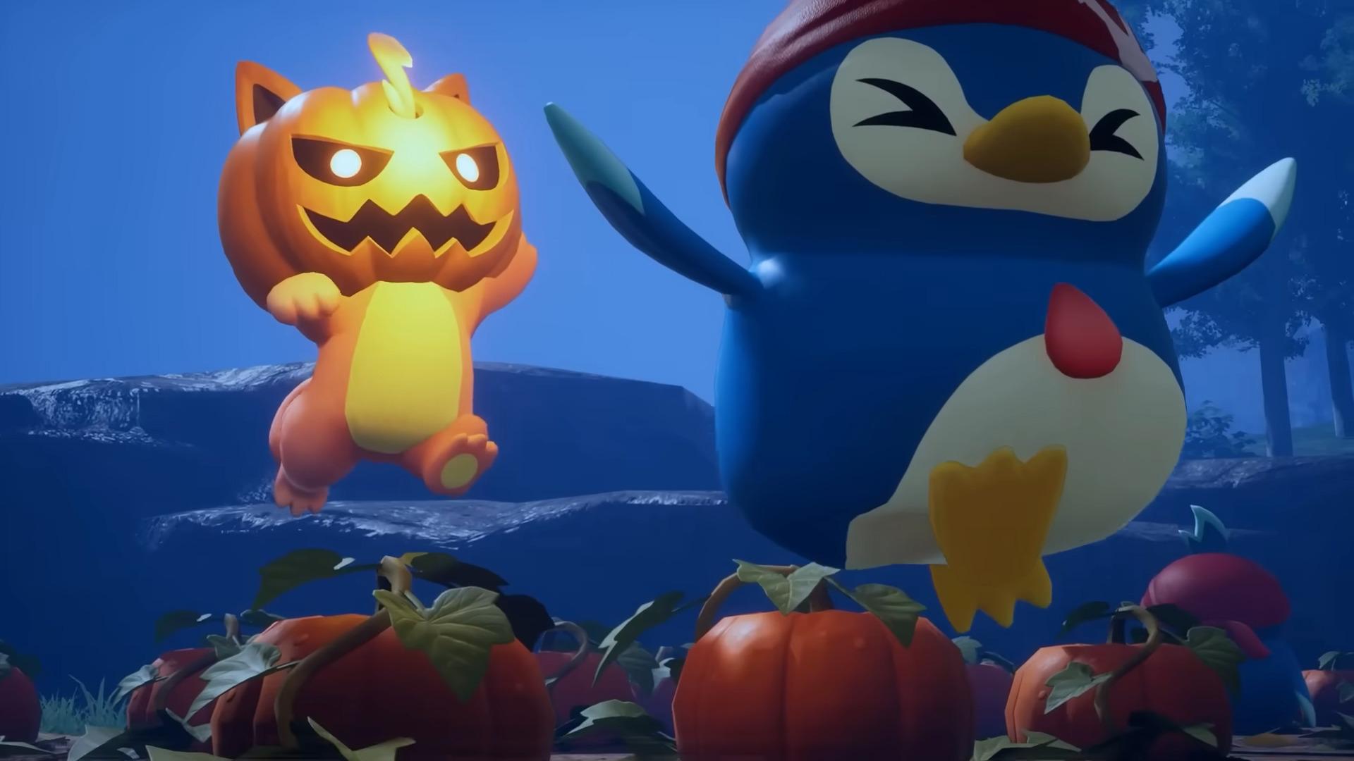 A Cattiva spooks a Pengullet with his Halloween costume in Palworld (2024), Pocket Pair