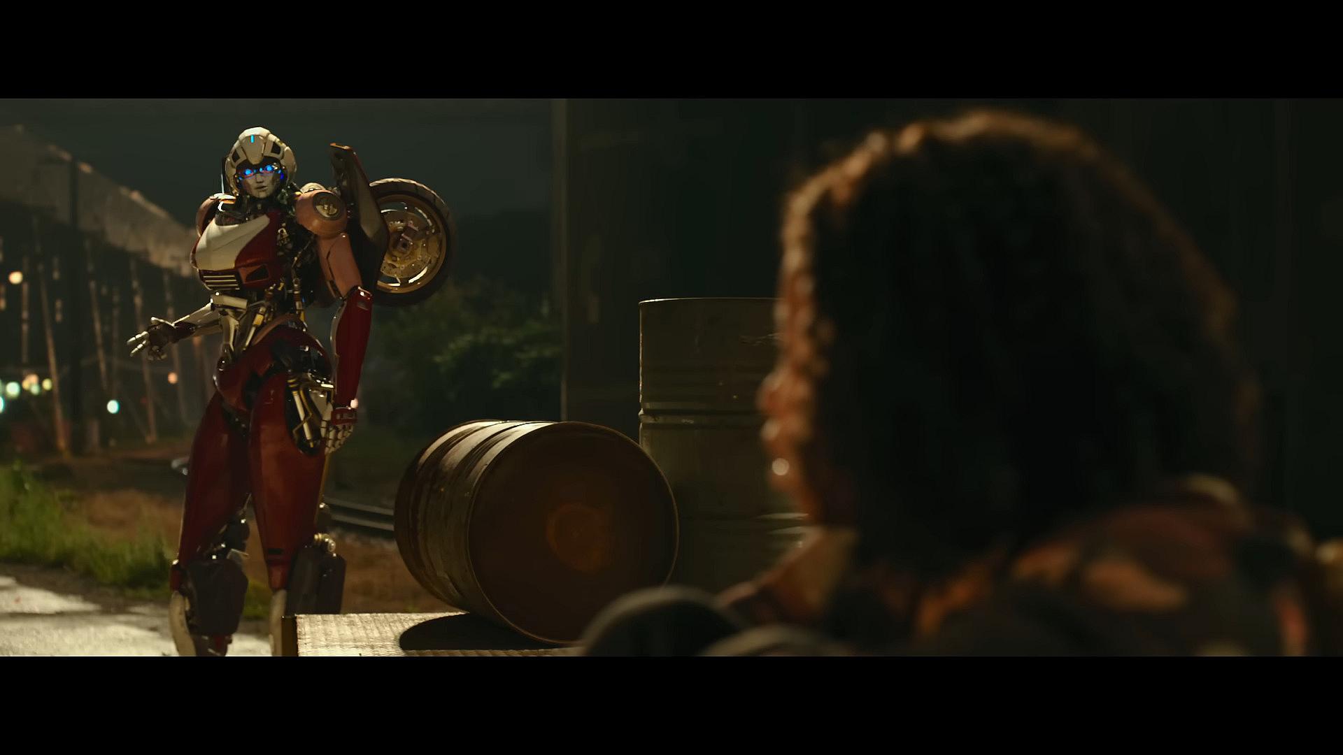 Arcee (Liza Koshy) gives a peace sign to Elena (Dominque Fishback) in Transformers: Rise of the