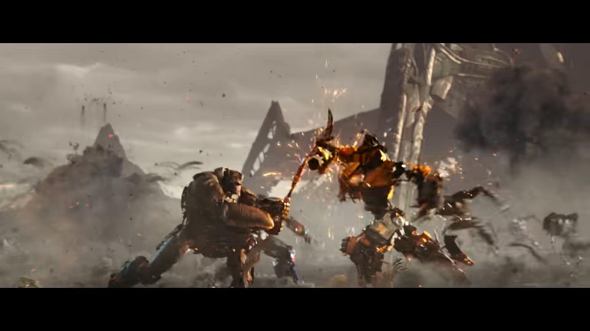 Ron Perlman as Optimus Primal fights David Sobolov as Battletrap in Transformers: Rise of the