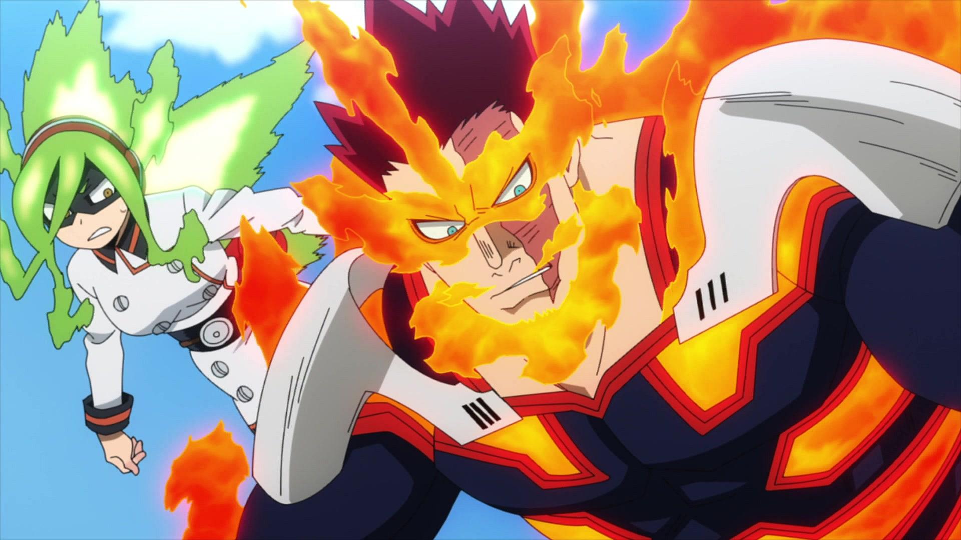 Endeavor and Burnin check the status of the Otheon Team in My Hero Academia: World Heroes' Mission