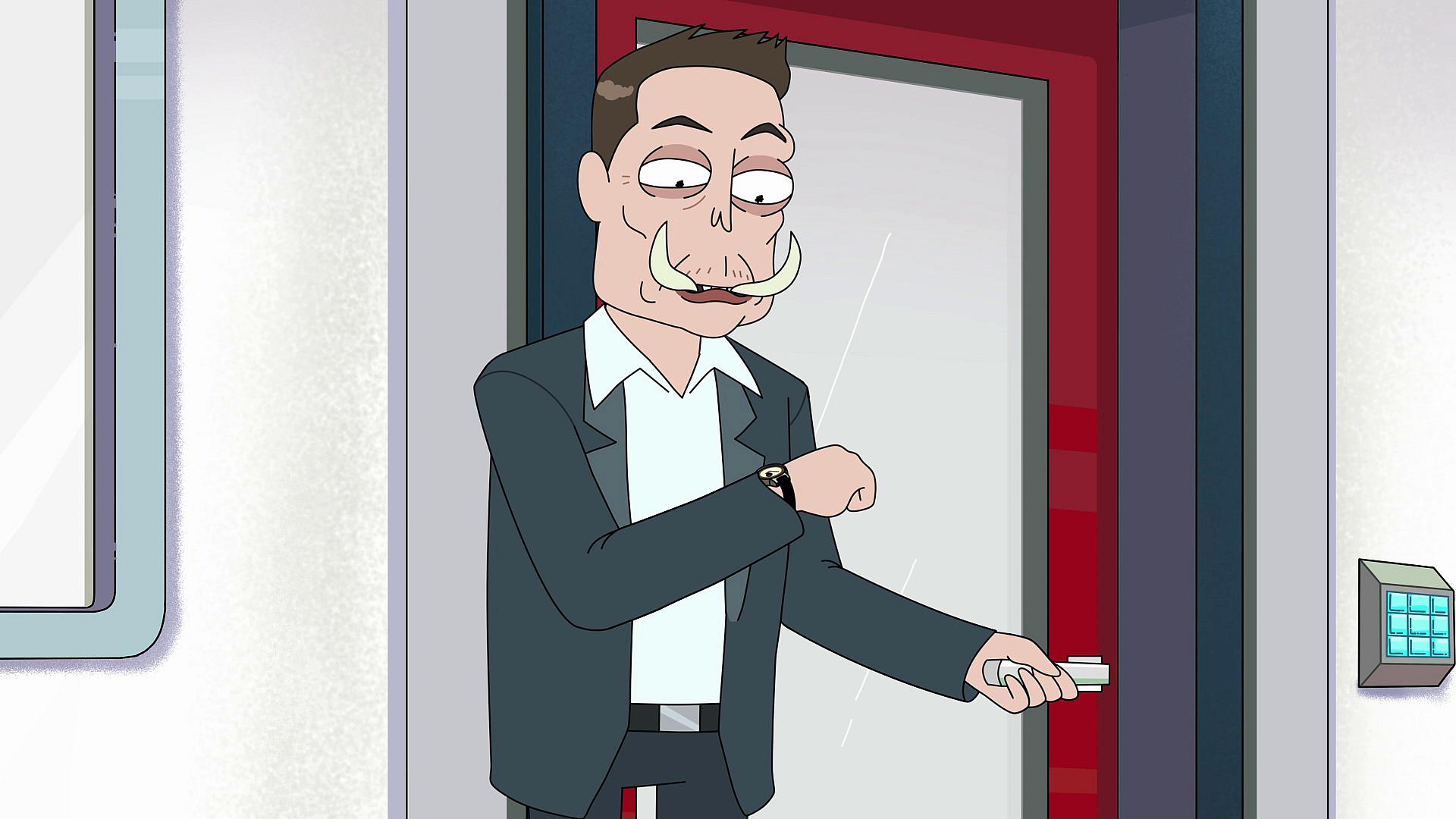 Elon Tusk (Elon Musk) checks his schedule in Rick and Morty Season 4 Episode 3, Adult Swim