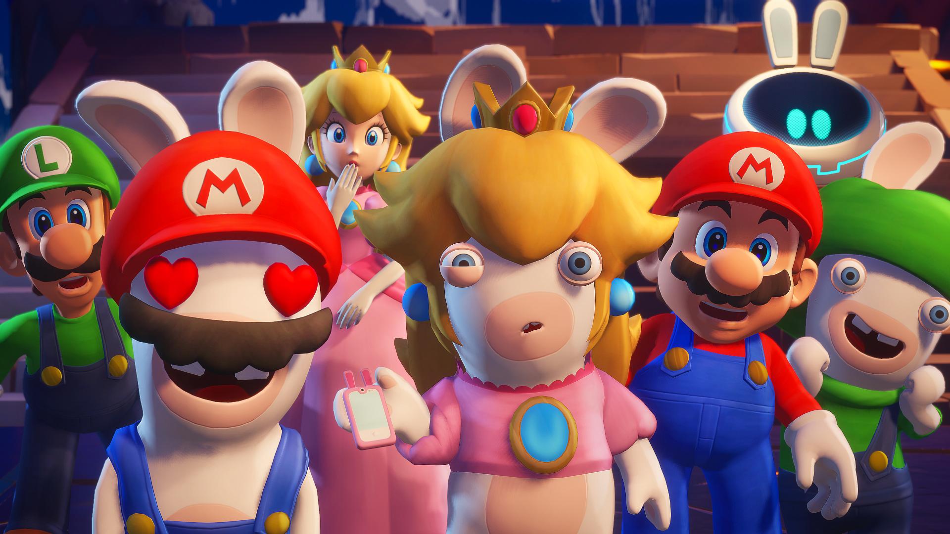 Mario and company stare in awe of Edge while Rabbid Peach loses attention via Mario + Rabbids