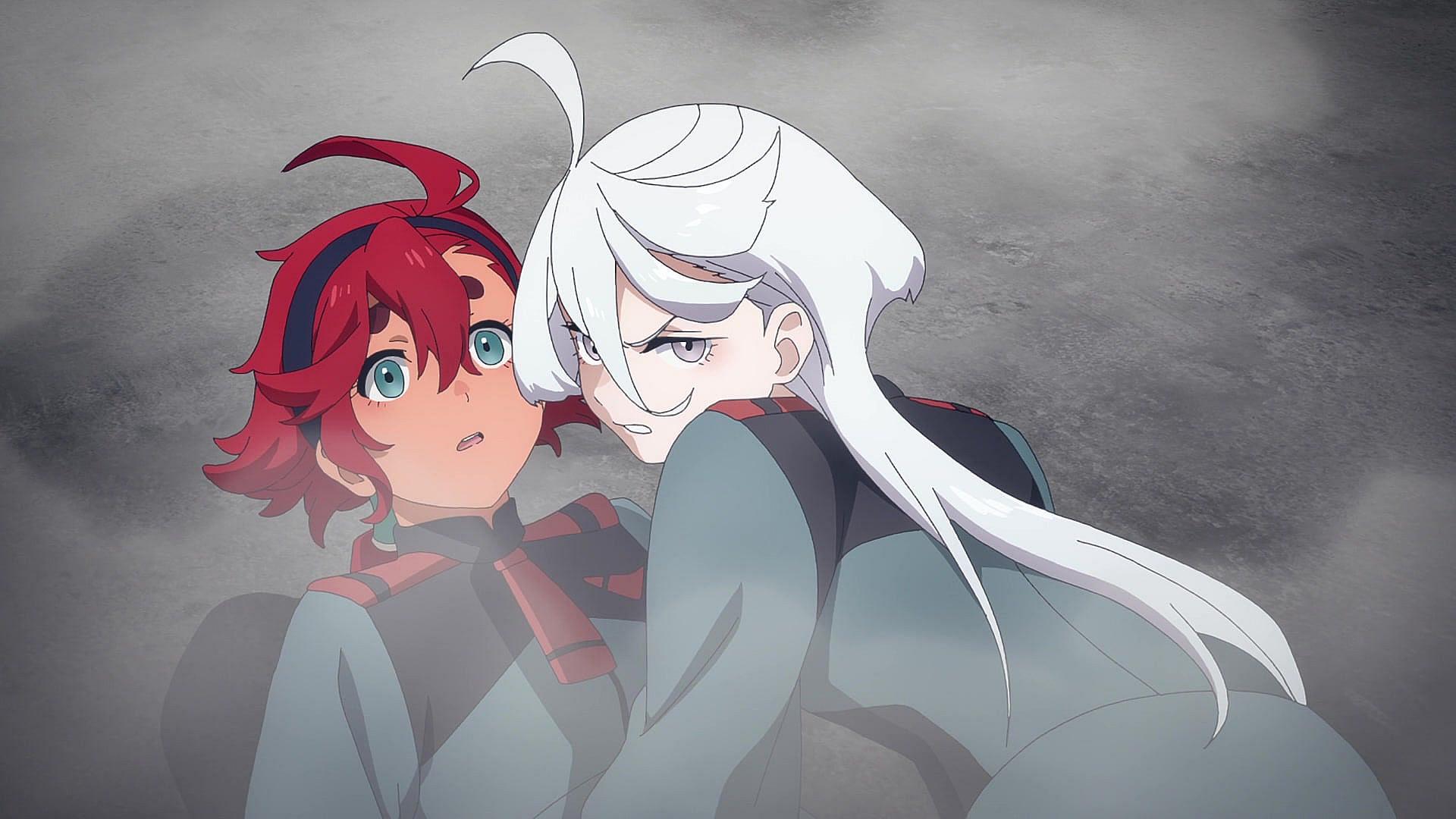 Miorine throws herself on Suletta to protect her in Mobile Suit Gundam: The Witch from Mercury Ep