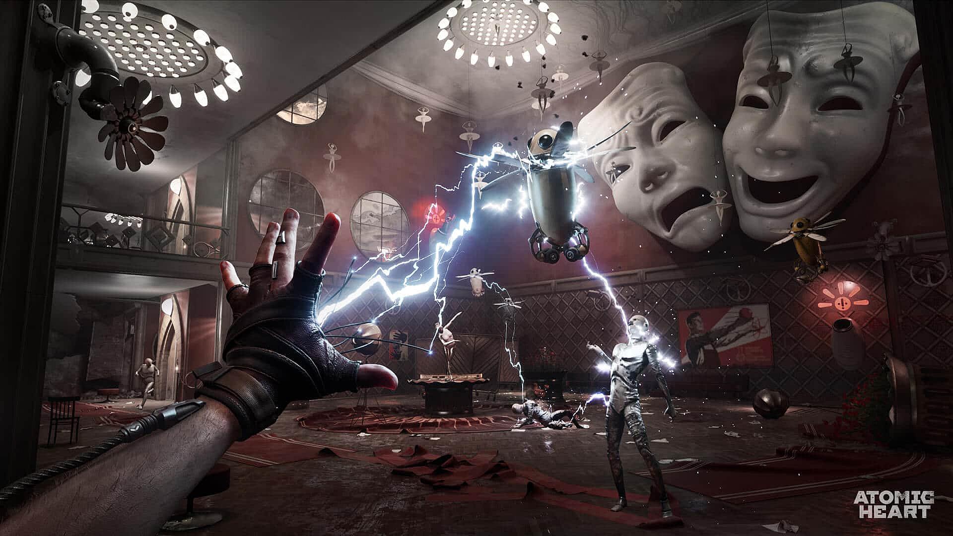 Player uses Shok powers to zap Pchela and Lab Tech in theater in Atomic Heart (2023), Focus