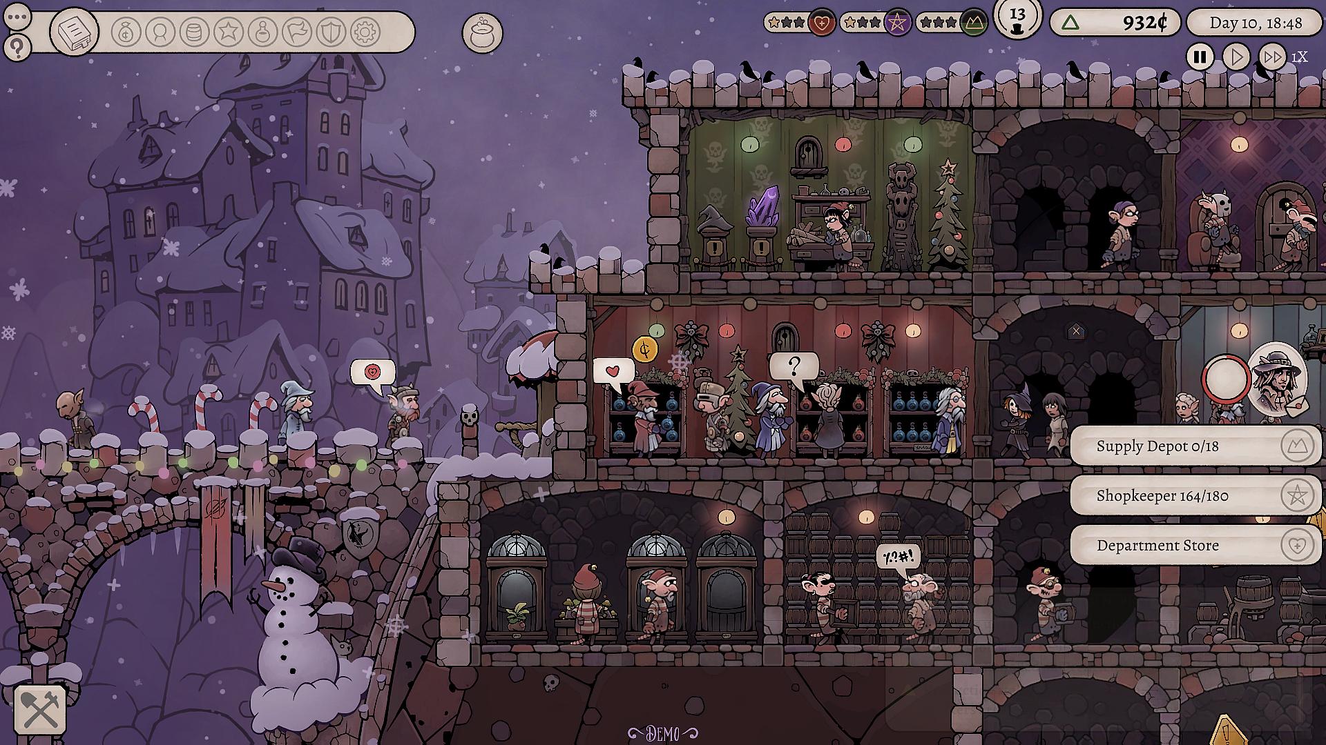 Workers and customers arrive at the shop in snowy weather in Potion Tycoon (2023), Daedalic