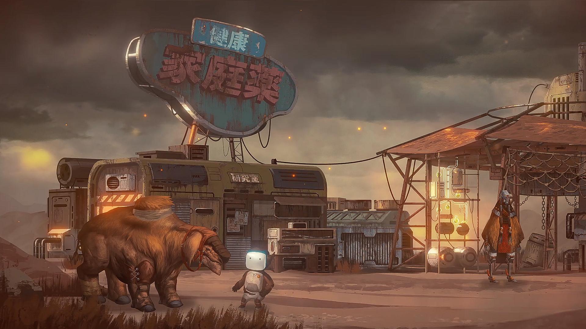 Delta examines a strange creature by a shack in the wasteland in Life of Delta (2023), Daedalic