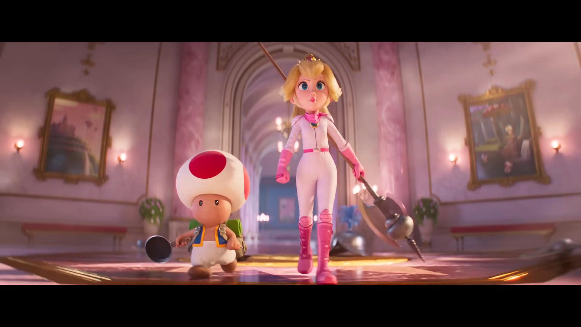 Toad (Keegan Michael-Key) and Peach (Anya Taylor-Joy) suit up in The Super Mario Bros. Movie