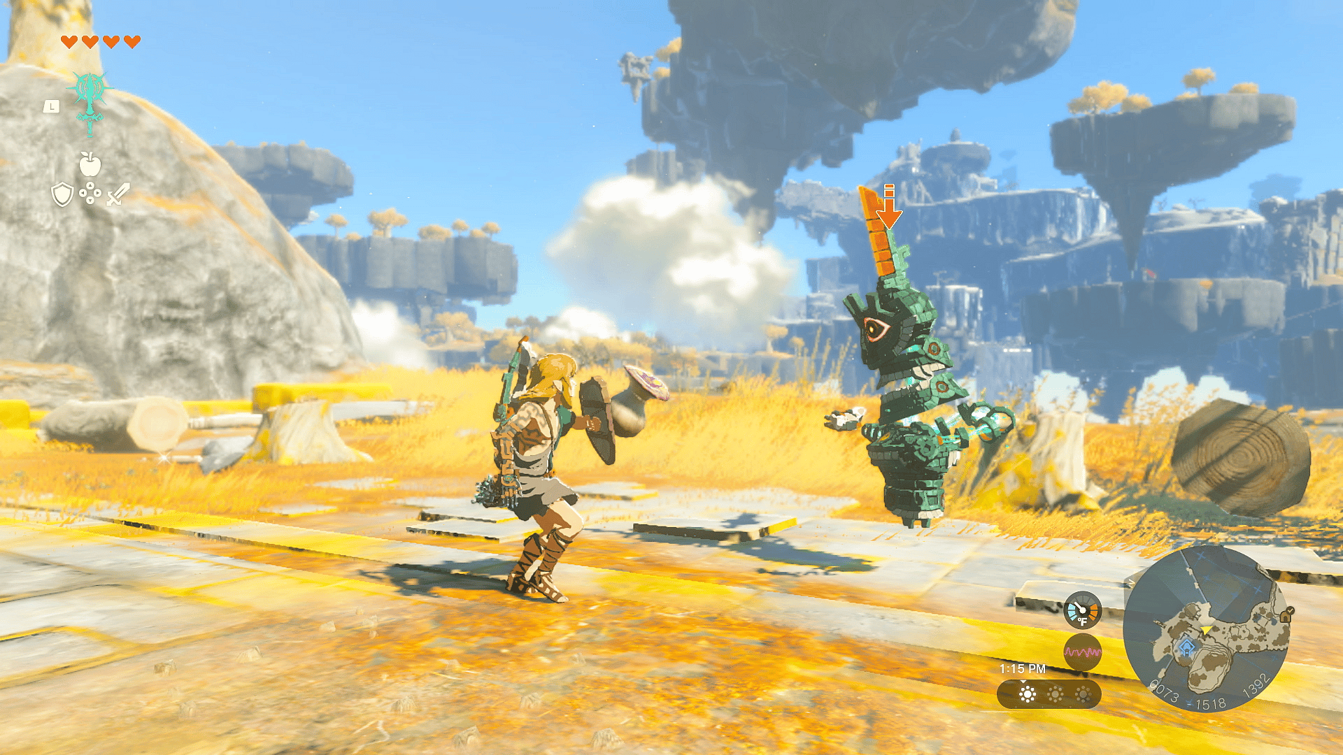 Link protects himself with a shield fused with a puffshroom via The Legend of Zelda: Tears of the