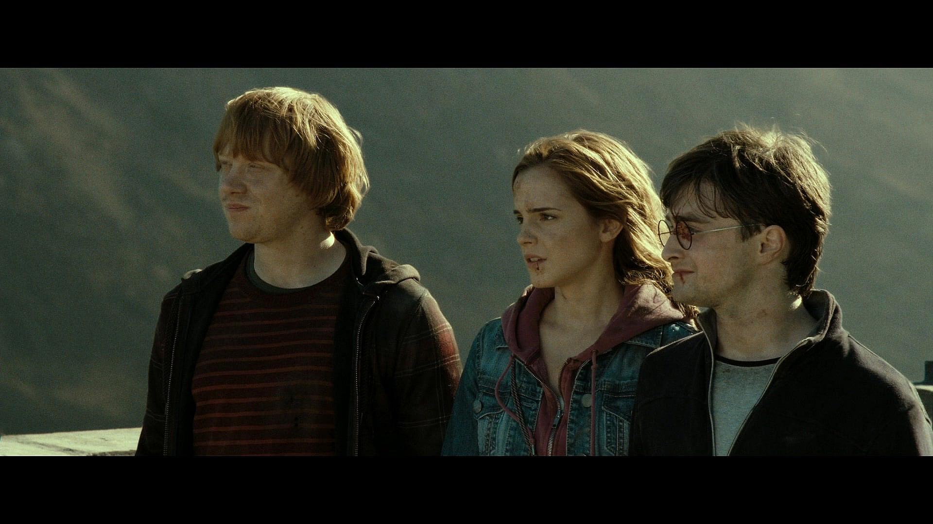 Ron Weasley, Hermione Granger, and Harry Potter look to the future in Harry Potter and the Deathly