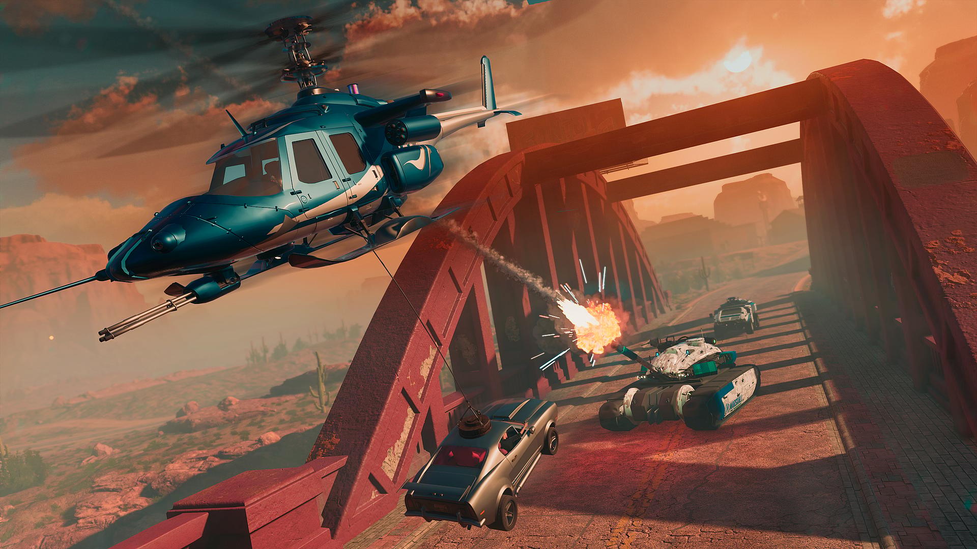 Attack helicopter carries car on tether while tank shoots in Saints Row (2022), Deep Silver