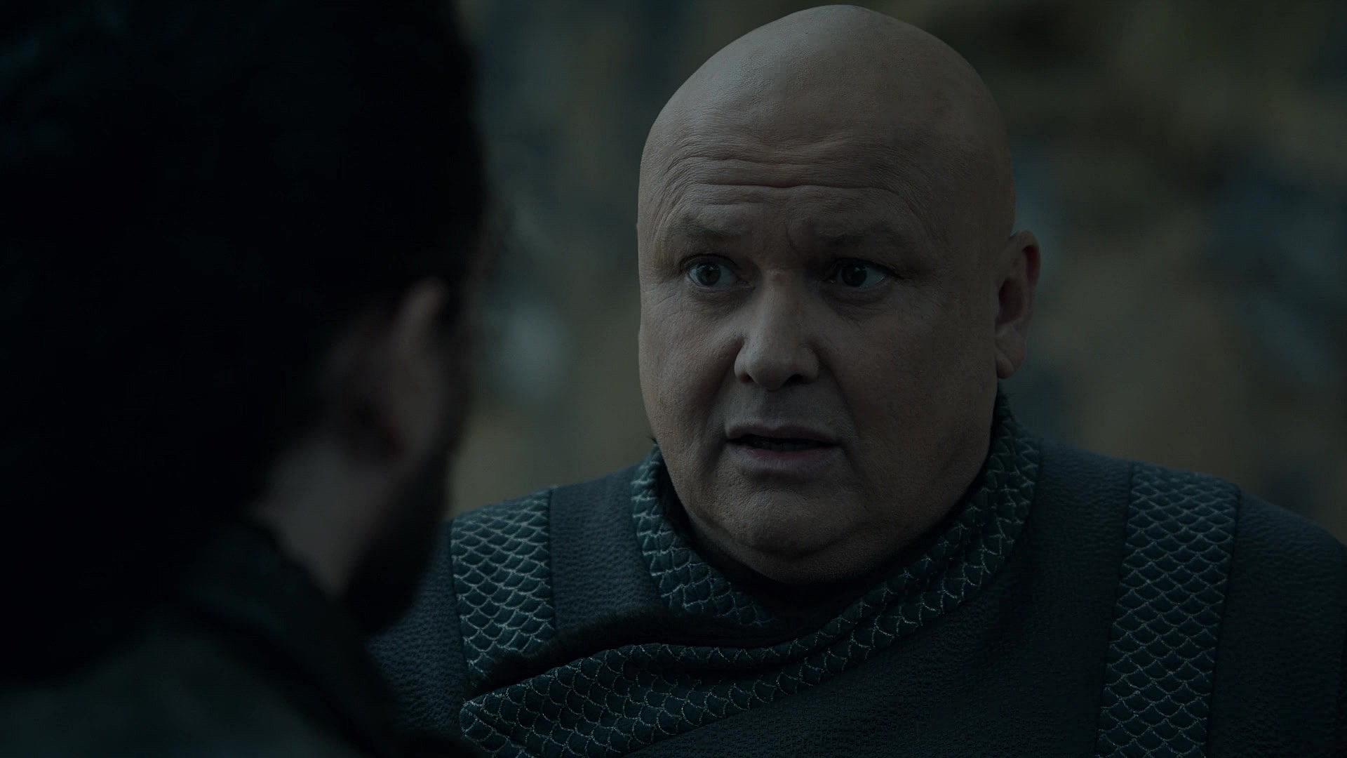 Varys (Conleth Hill) offers guidance to Jon Snow (Kit Harrington) in Game of Thrones Season 8