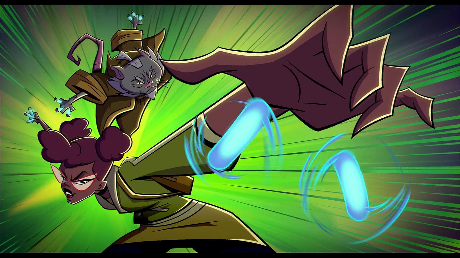 Master Splinter (Eric Bauza) and April O'Neil (Kat Graham) make a surprise delivery in Rise of the