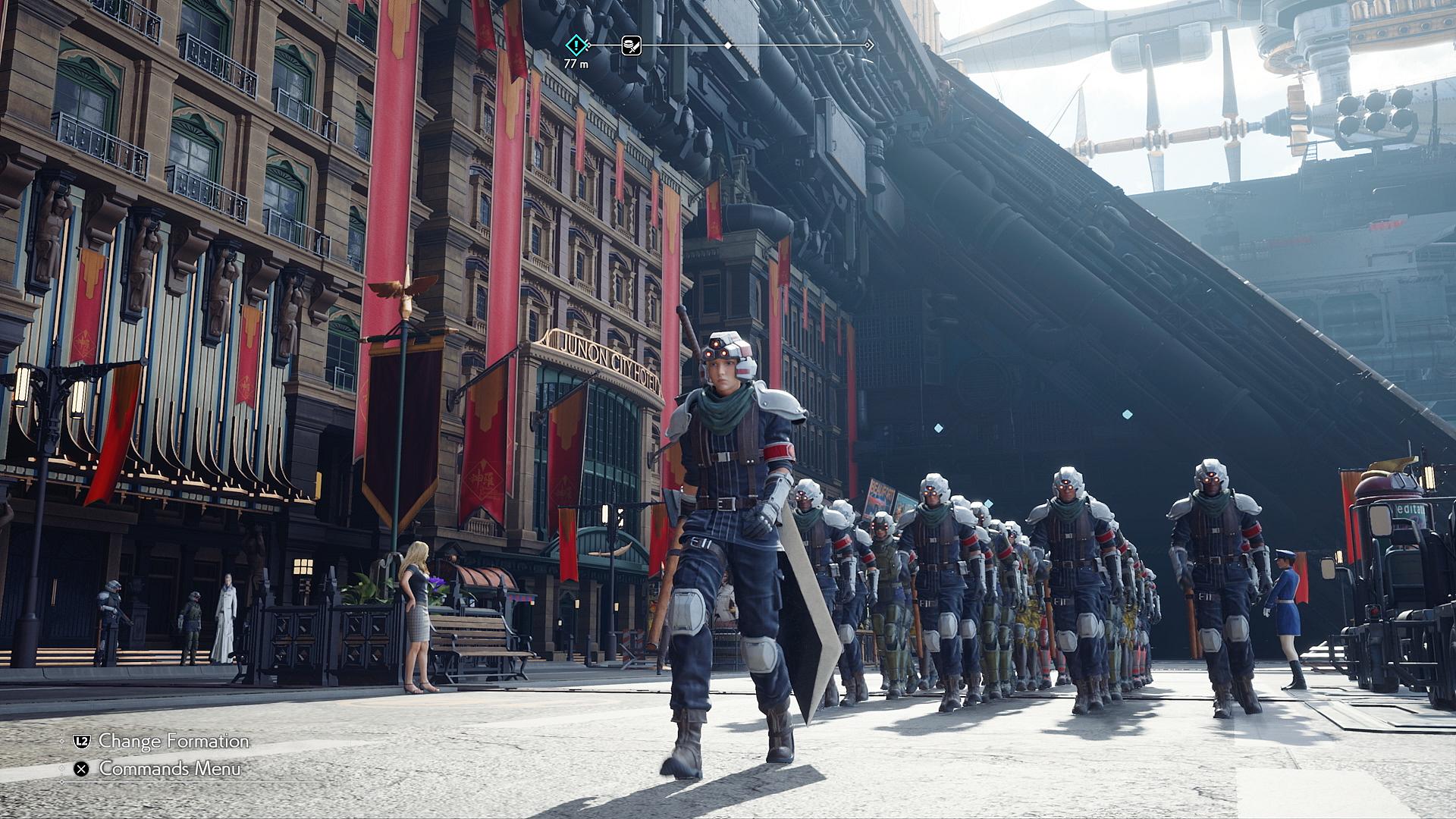 Cloud Strife leads a Shinra parade march in Final Fantasy VII Rebirth, Square Enix