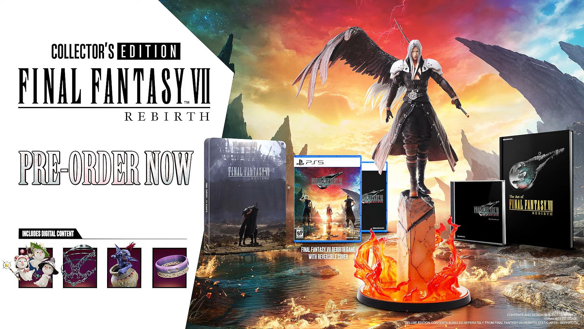 Final Fantasy VII Rebirth Collector's Edition with statue, artbook, steelbook, DLC, and materia
