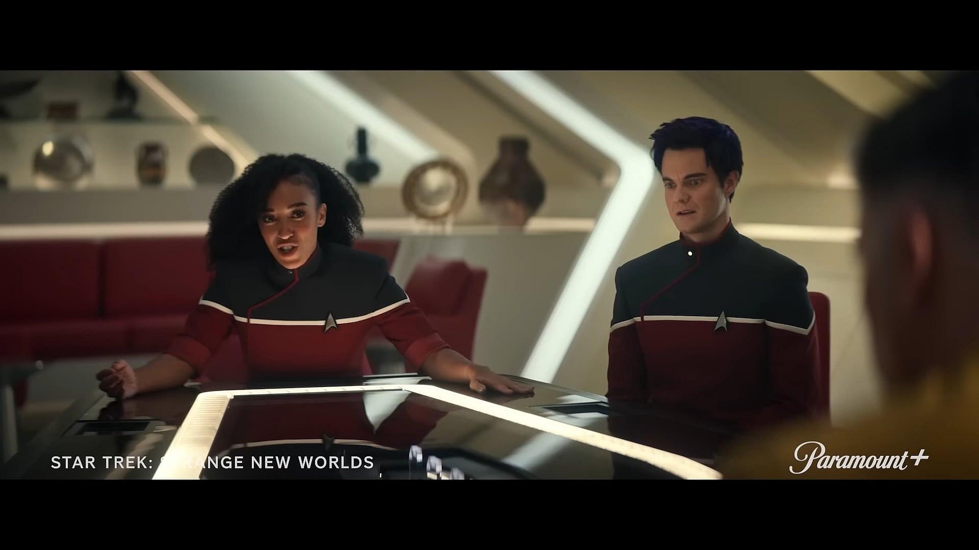 Mariner (Tawny Newsome) and Boimler (Jack Quaid) aboard U.S.S. Enterprise in Star Trek: Strange New
