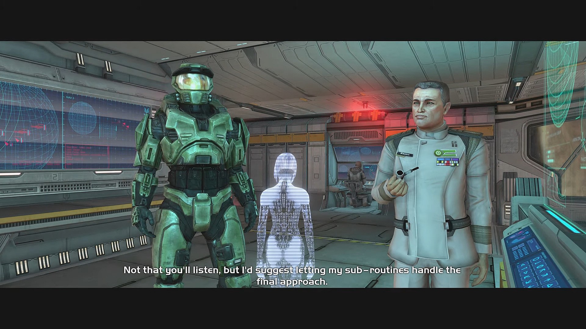 Cortana (Jen Taylor) prepares to land the Pillar of Autumn in Halo (2001), Bungie