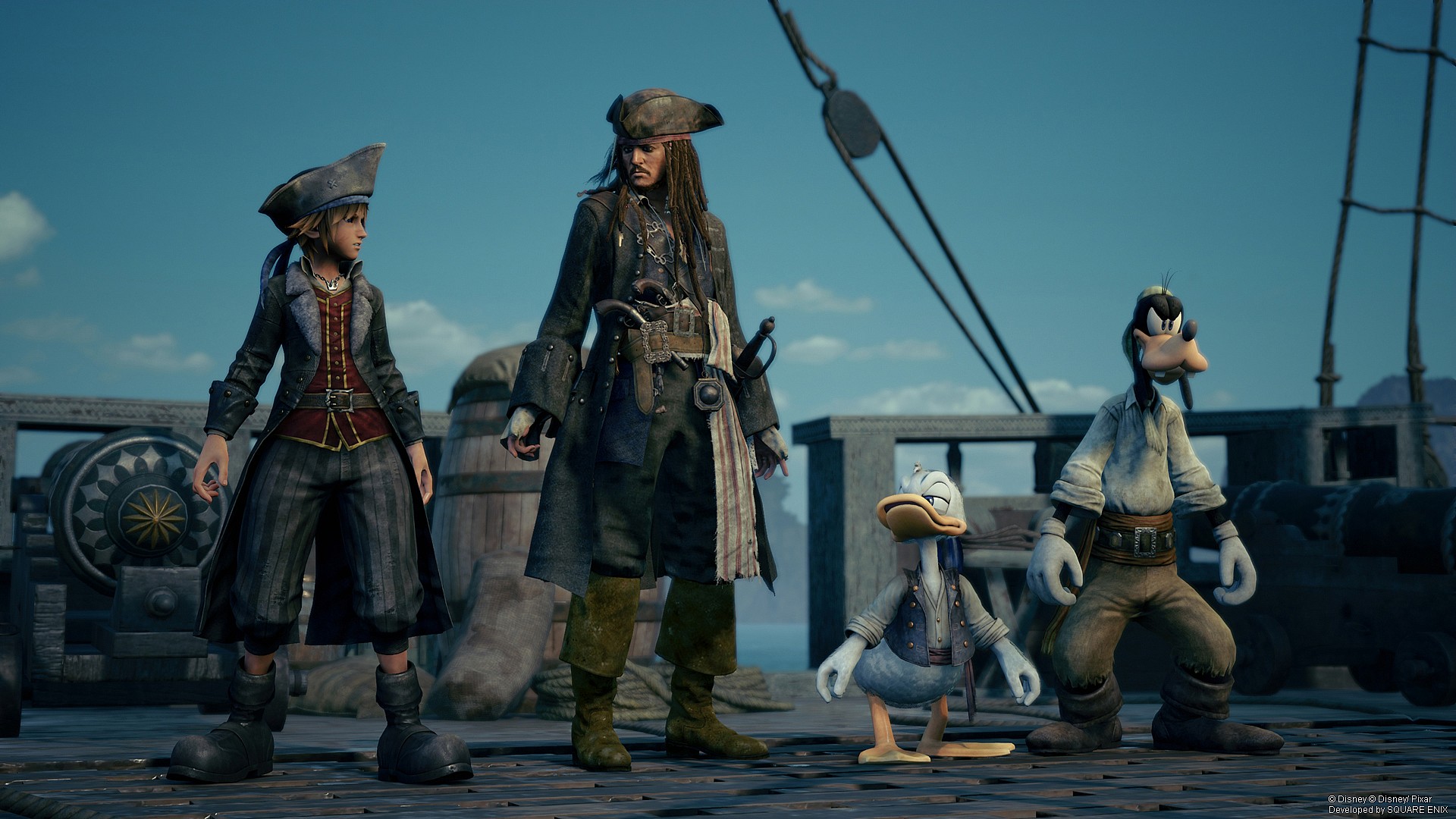 Captain Jack Sparrow (Jared Butler) welcomes old friends Sora (Hayley Joel Osment), Donald (Tony Anselmo) and Goofy (Bill Farmer) aboard the Black Pearl in Kingdom Hearts III (2019), Square Enix via Square Enix