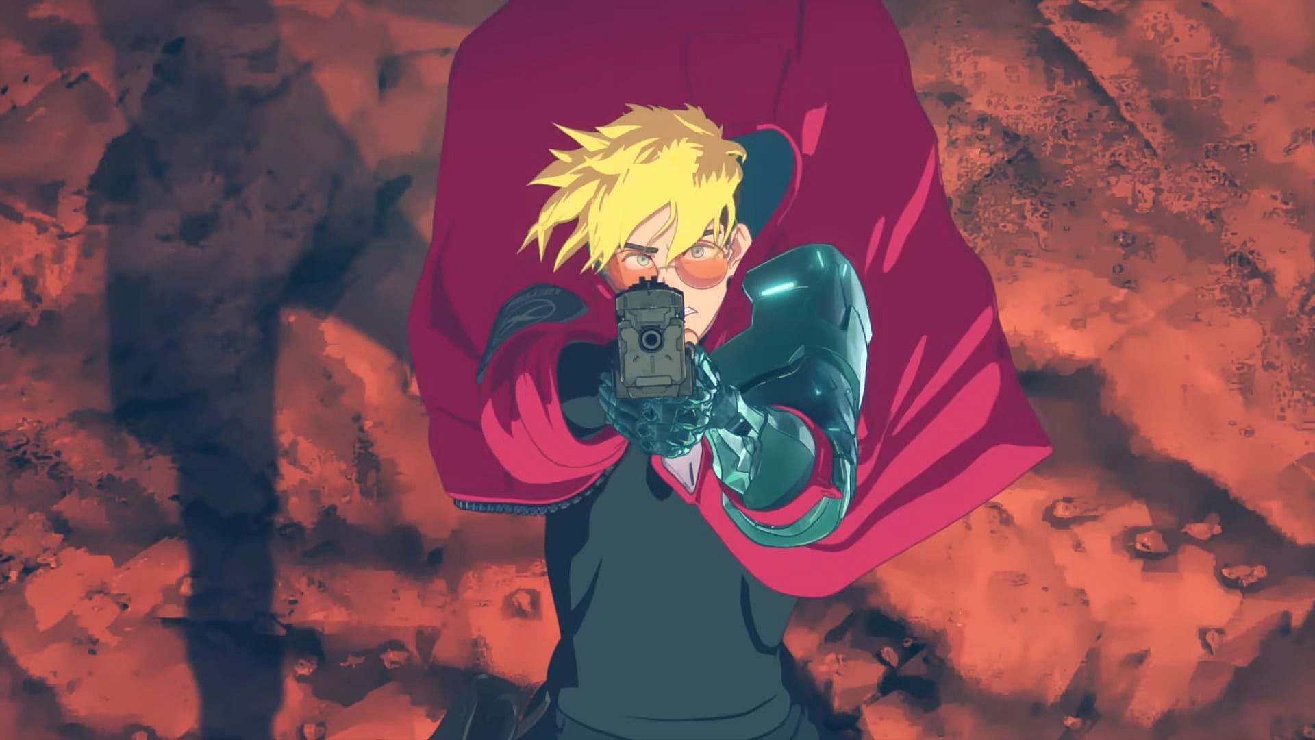 Vash (Yoshitsugu Matsuoka) takes aim midair in Trigun Stampede PV 1 (2022), TOHO Animation via YouTube