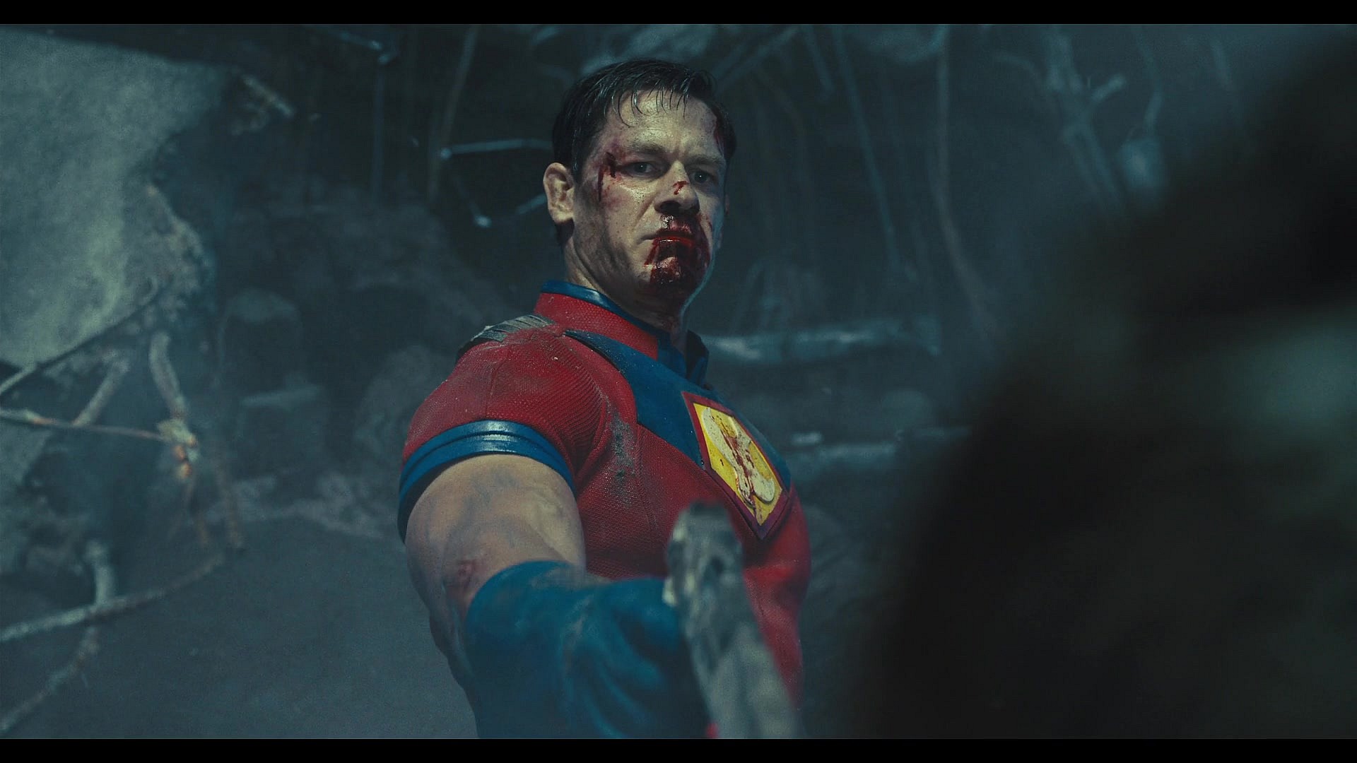 Peacemaker (John Cena) faces off with Bloodsport (Idris Elba) in The Suicide Squad (2021), Warner Bros.