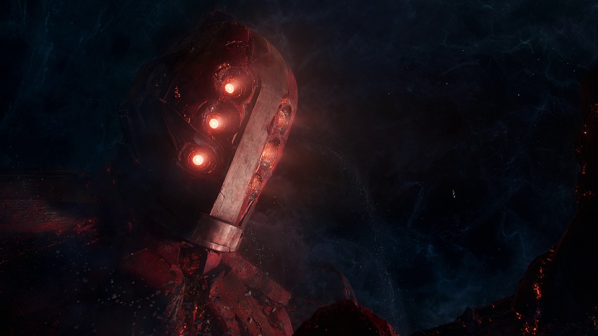 Arishem (David Kaye) explains the Eternals' purpose to Sersi (Gemma Chan) in Eternals (2021), Marvel Entertainment