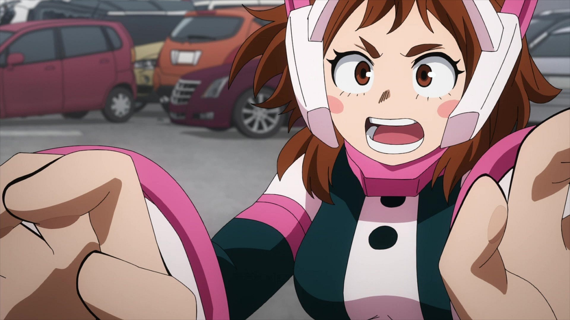 Uravity does her best to keep damage in Paris to a minimum in My Hero Academia: World Heroes' Mission (2021), Bones via Blu-ray
