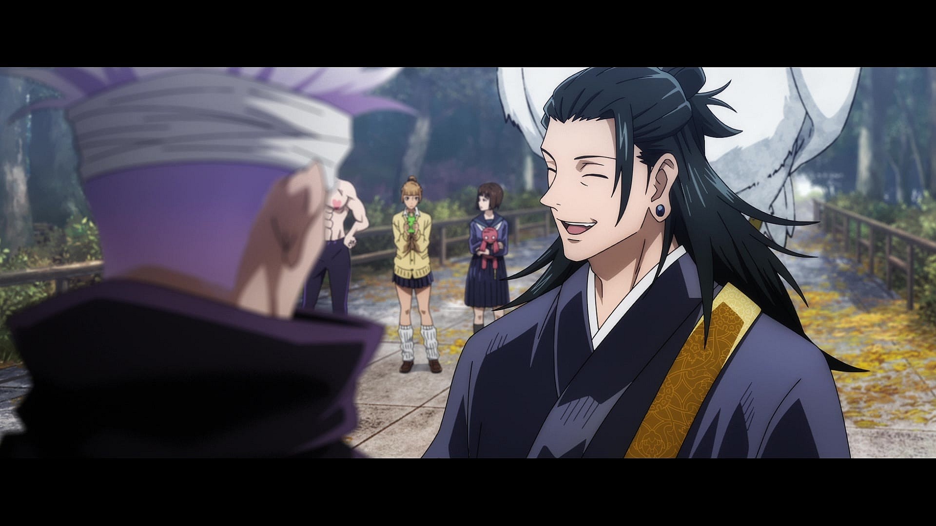 Suguru Geto (Takahiro Sakurai) taunts Satoru Gojo (Yuichi Nakamura) on the steps of Tokyo Jujutsu High in Jujutsu Kaisen 0: The Movie (2021), MAPPA