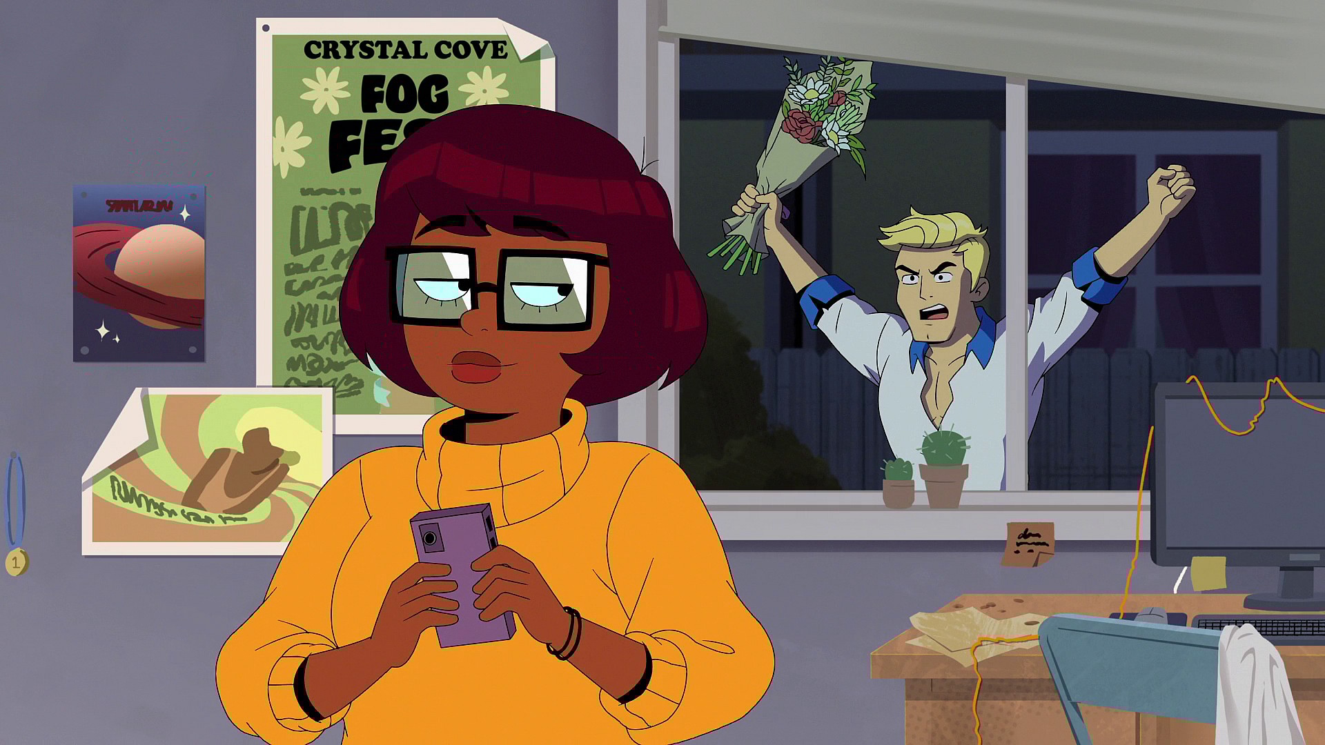 Fred (Glenn Howerton) is unable to accept Velma (Mindy Kaling) denying his romantic advances in Velma Season 1 Episode 4 "Velma Makes a List" (2023), HBO Max