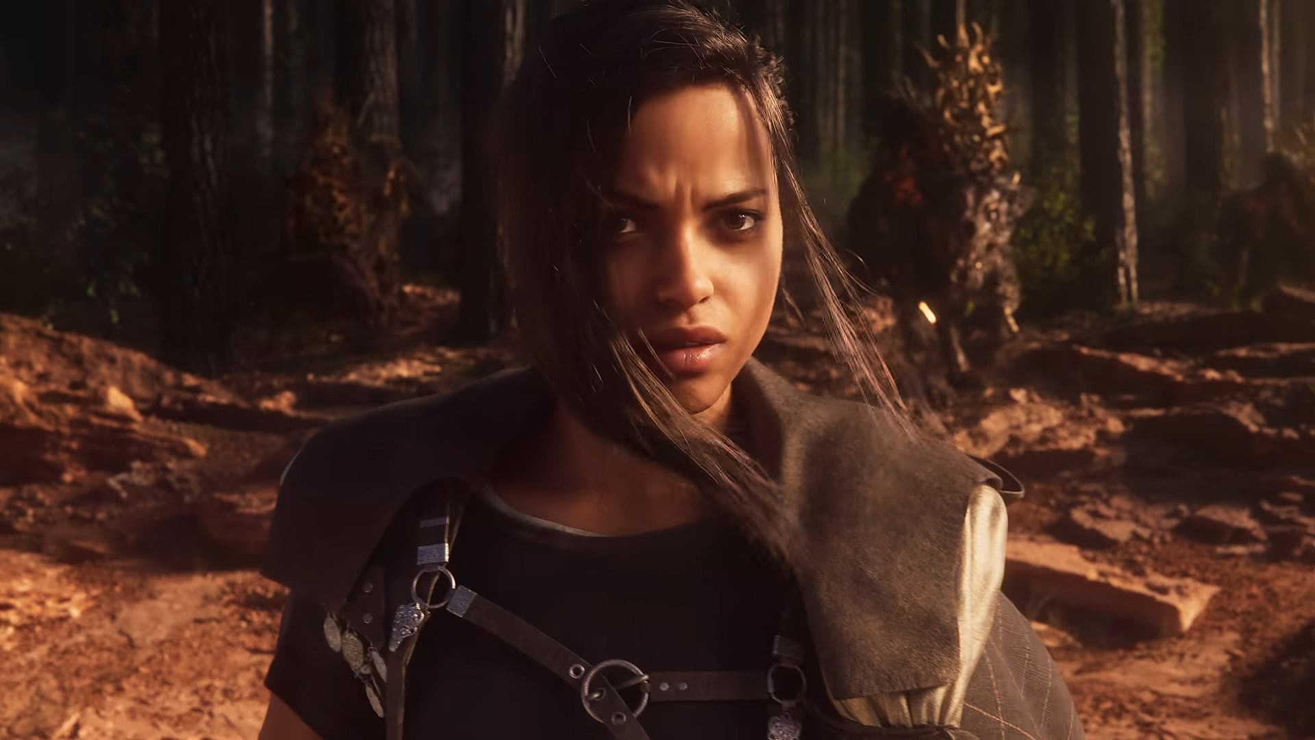 Freya (Ella Balinska) finds herself trapped between a pack of wolves and one of the Tantas in Forspoken (2023), Square Enix