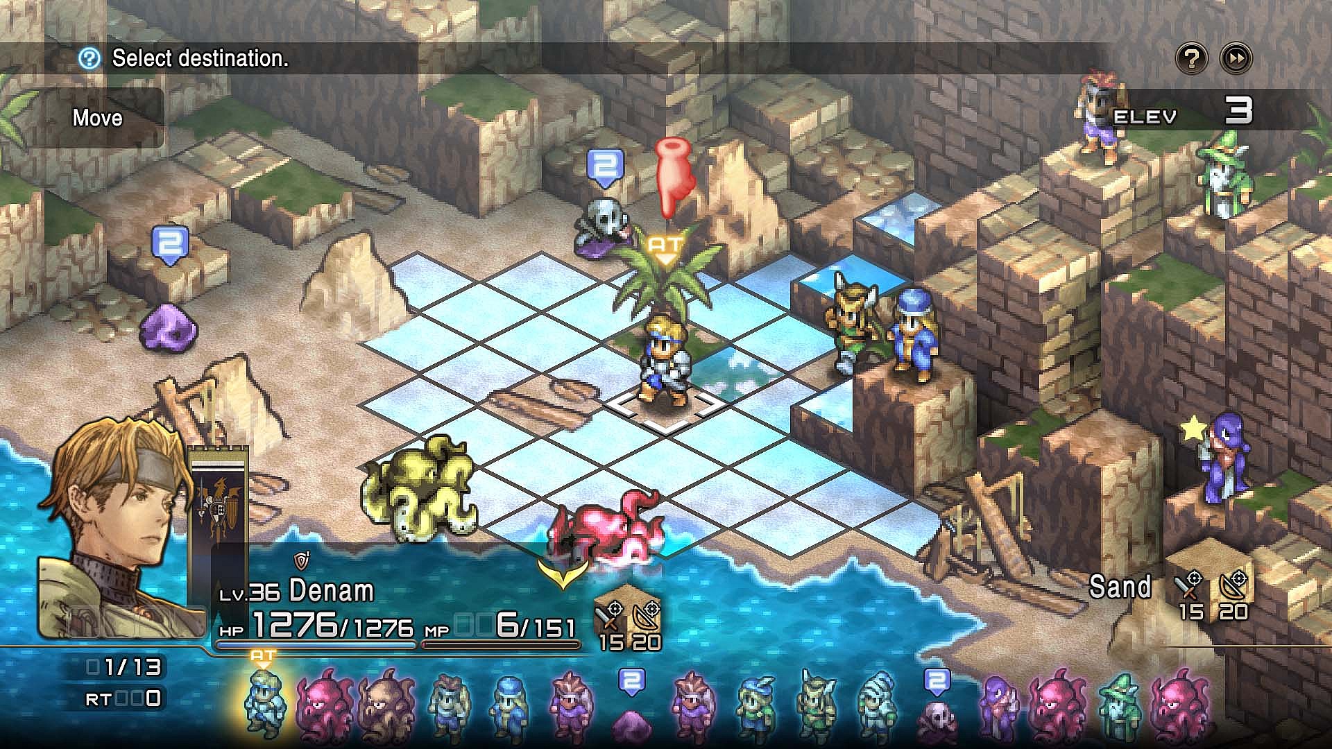 Denam readies to fight aquatic monsters such as the Kraken on the beach via Tactics Ogre: Reborn (2022), Square Enix