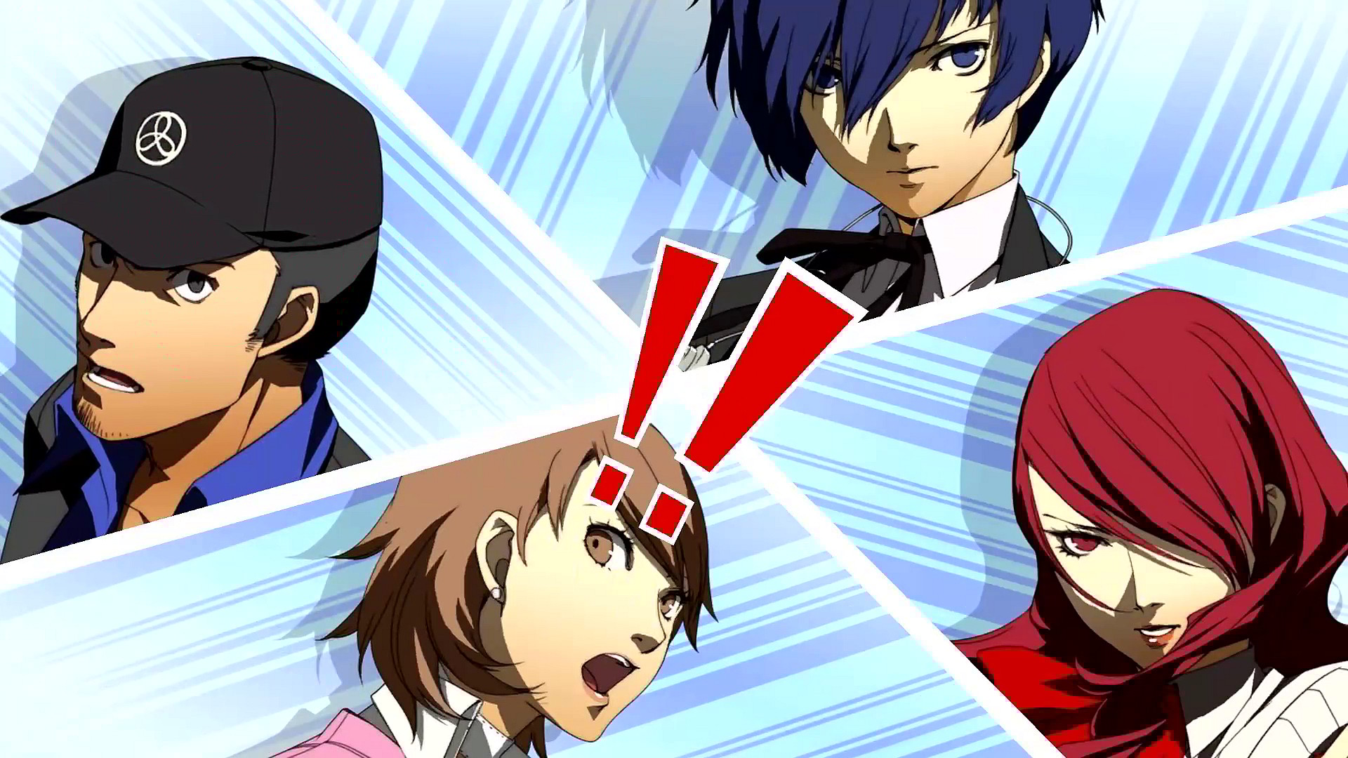 Makoto Yuki (Akira Ishida), Yukari Takeba (Megumi Toyoguchi), Junpei Iori (Kohsuke Toriumi) and Mitsuru Kirijo (Rie Tanaka) prepare to unleash an all-out attack in Persona 3: Portable (2006), Atlus