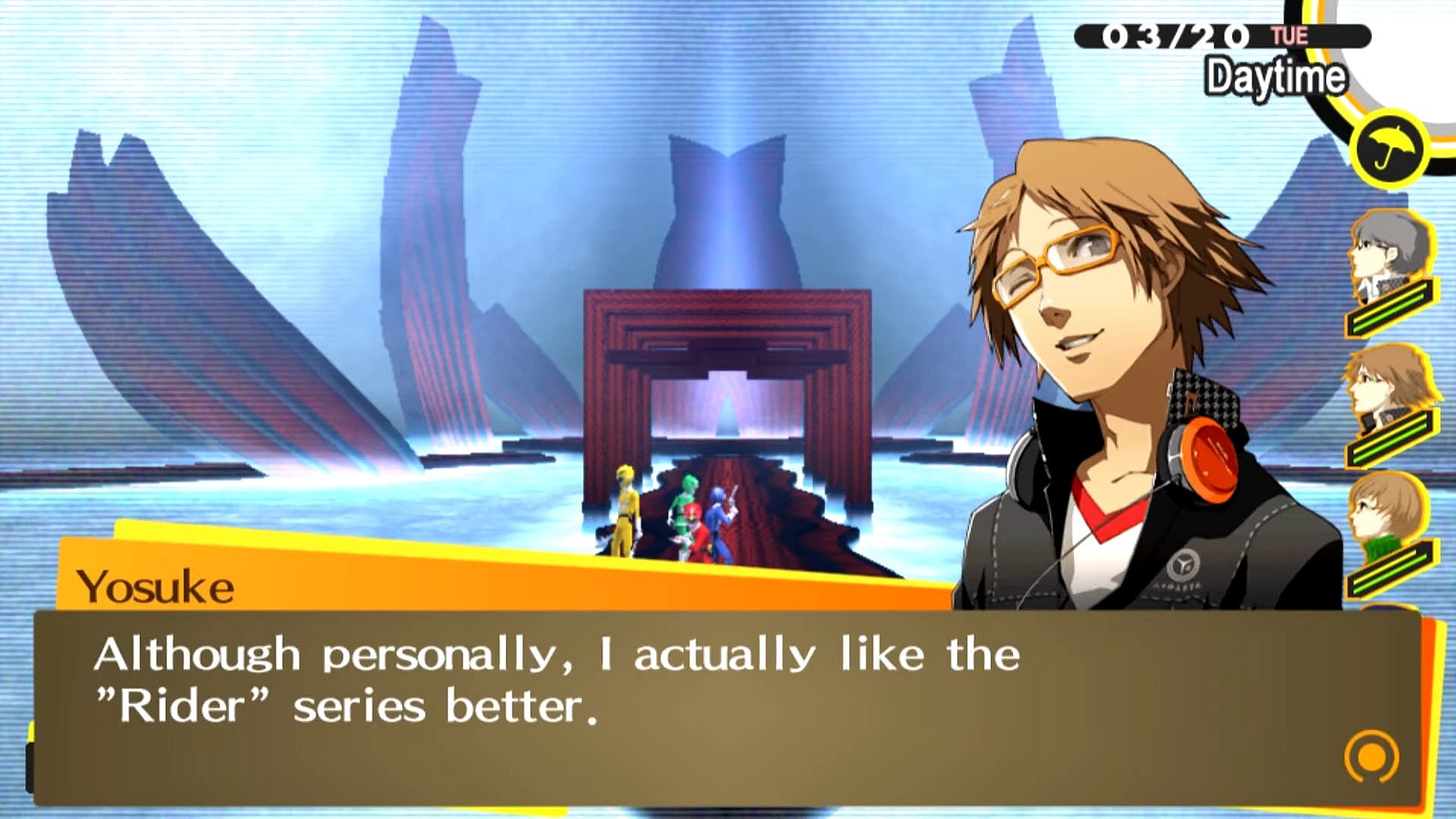 Yosuke Hanamura (Showtaro Morikubo) weighs in on his favorite television series in Persona 4 Golden (2012), Atlus