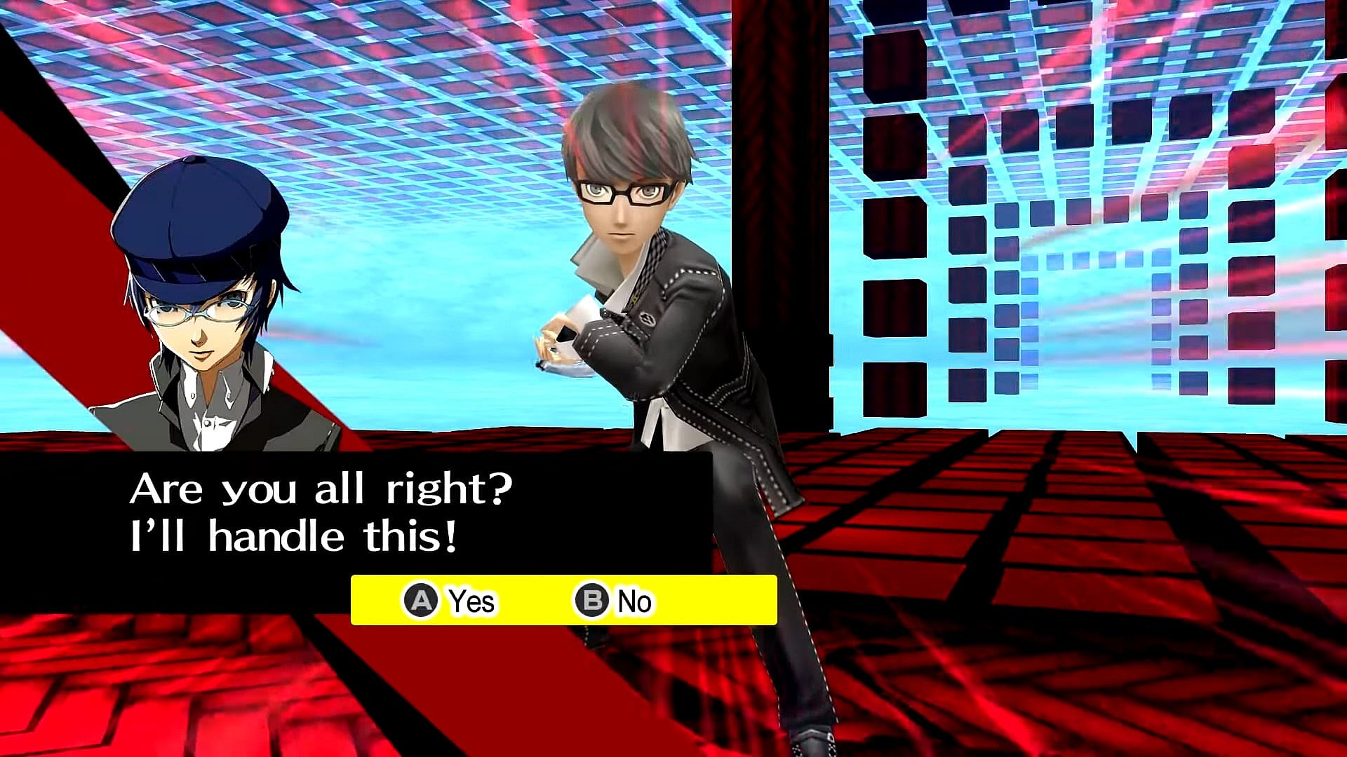 Naoto Shirogane (Romi Park) prepares to offer Yu Narukami (Daisuke Namikawa) some assistance in Persona 4 Golden (2012), Atlus