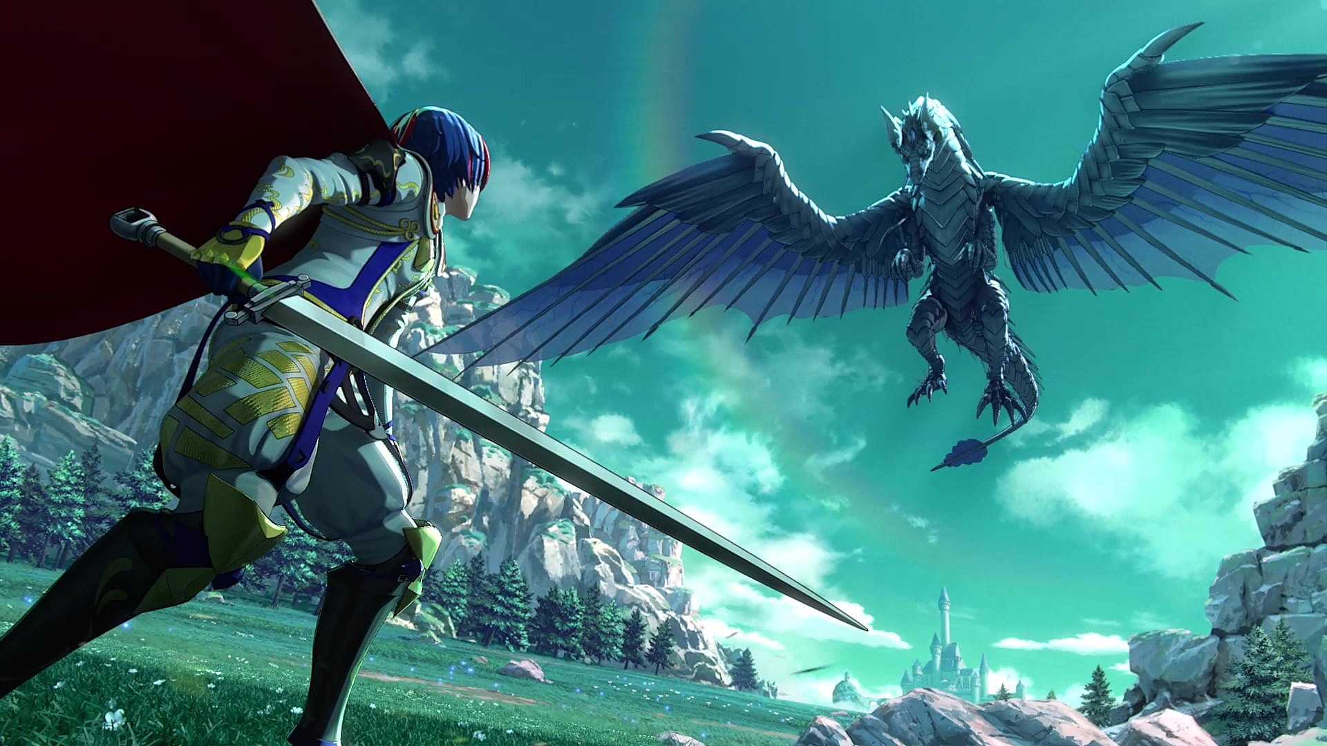 The male player character faces down a dragon via Fire Emblem Engage (2023), Nintendo