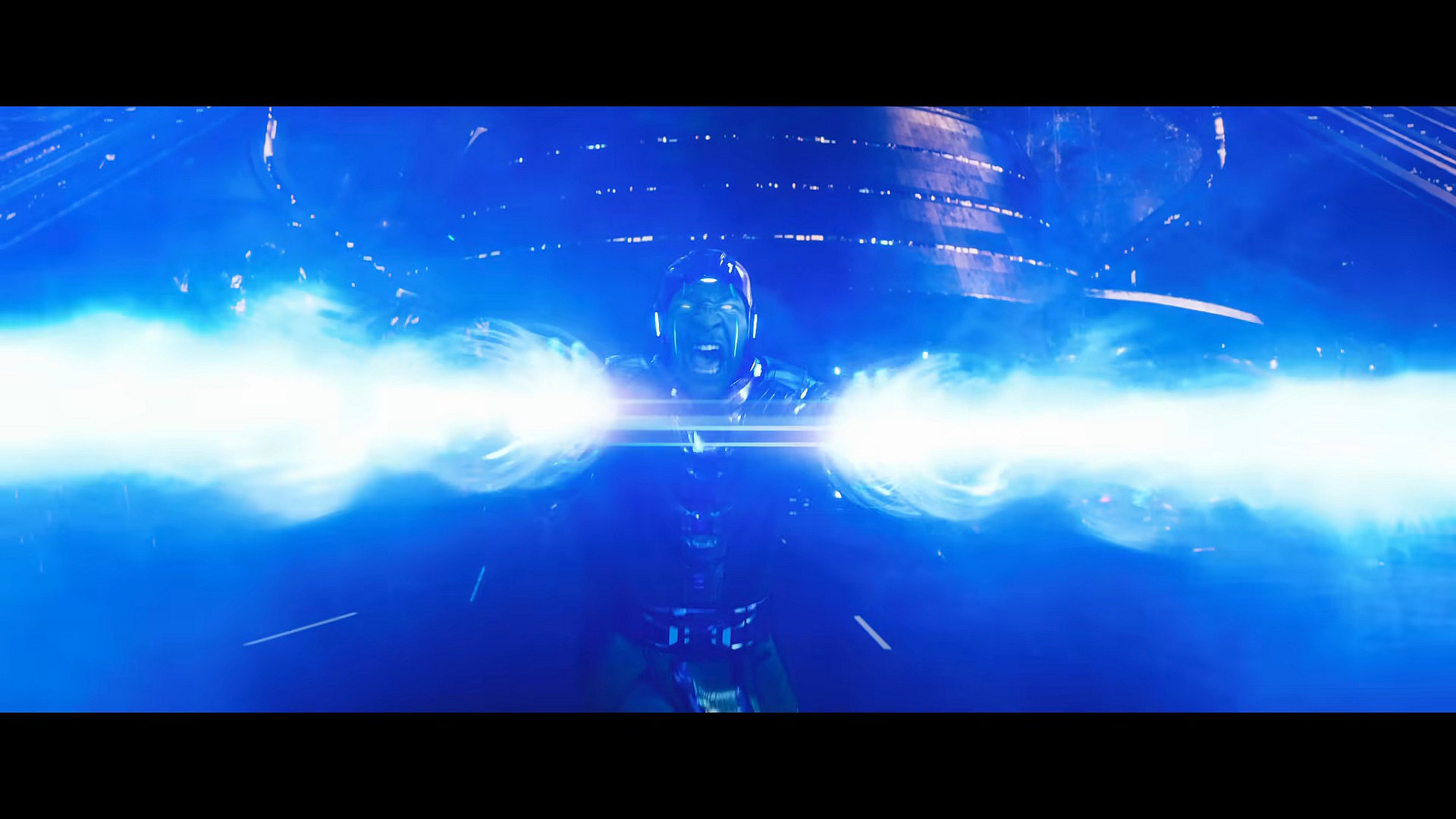 Kang the Conqueror (Jonathan Majors) unleashes his future-tech weaponry in Ant-Man and the Wasp: Quantumania (2023), Marvel Entertainment