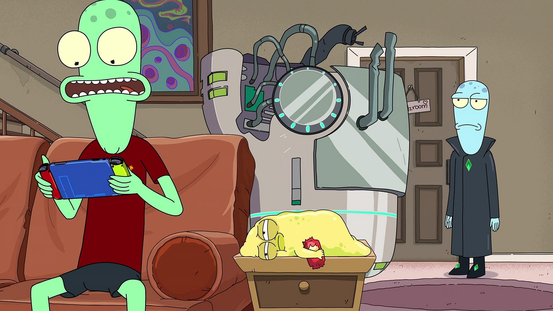 Korvo (Justin Roiland) is unamused with Terry (Thomas Middleditch) and The Pupa (Sagan McMahan) in Solar Opposites Season 2 Episode 2 "The Earth Erase" (2021), Hulu