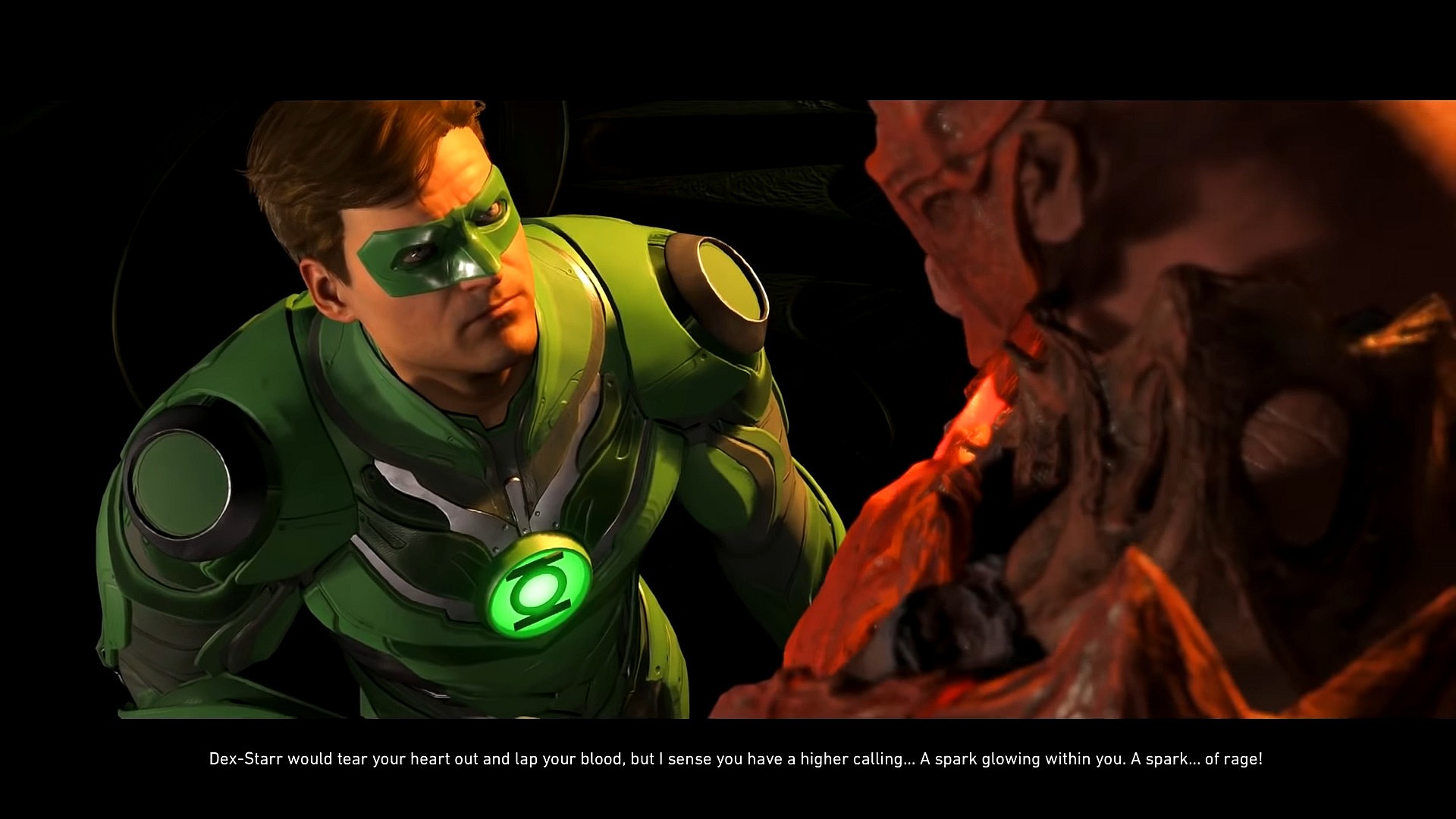 Atrocitus (Ike Amadi) senses the rage within Hal Jordan (Steve Blum) in Injustice 2 (2017), NetherRealm Studios