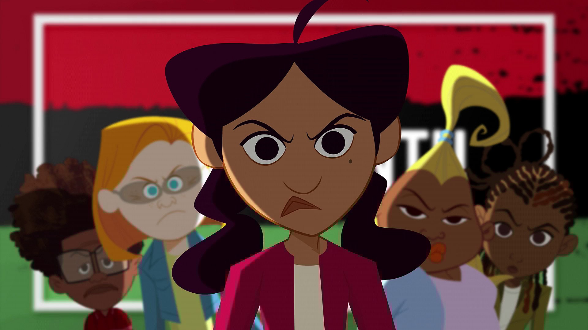 Penny (Kayla Pratt), Zoey (Soleil Moon Frye), Michael (EJ Johnson), Dijonay (Karen Malina White), and Maya (Keke Palmer) are unhappy going another Juneteenth without reparations in The Proud Family: Louder and Prouder Season 2 Episode 3 "Curved" (2023), Disney