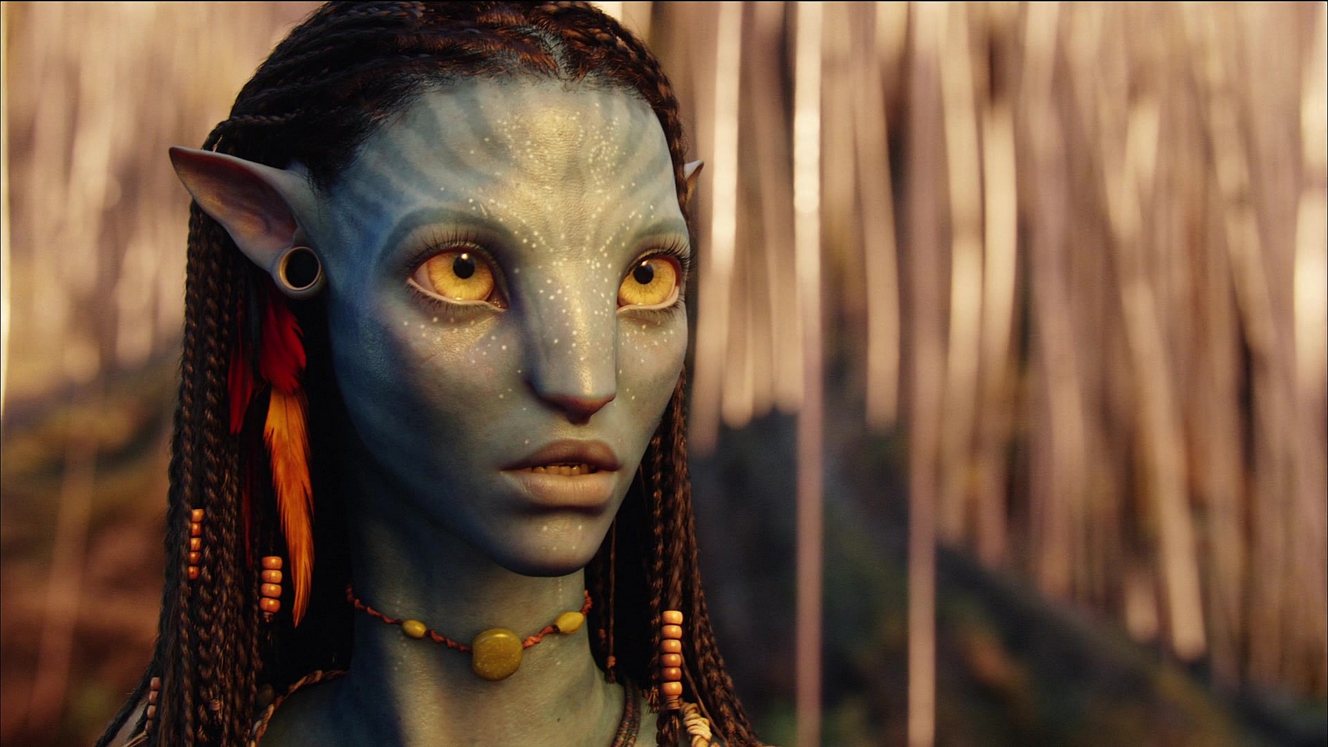Neytiri (Zoe Saldaña) looks to the future in Avatar (2009), 20th Century Studios 
