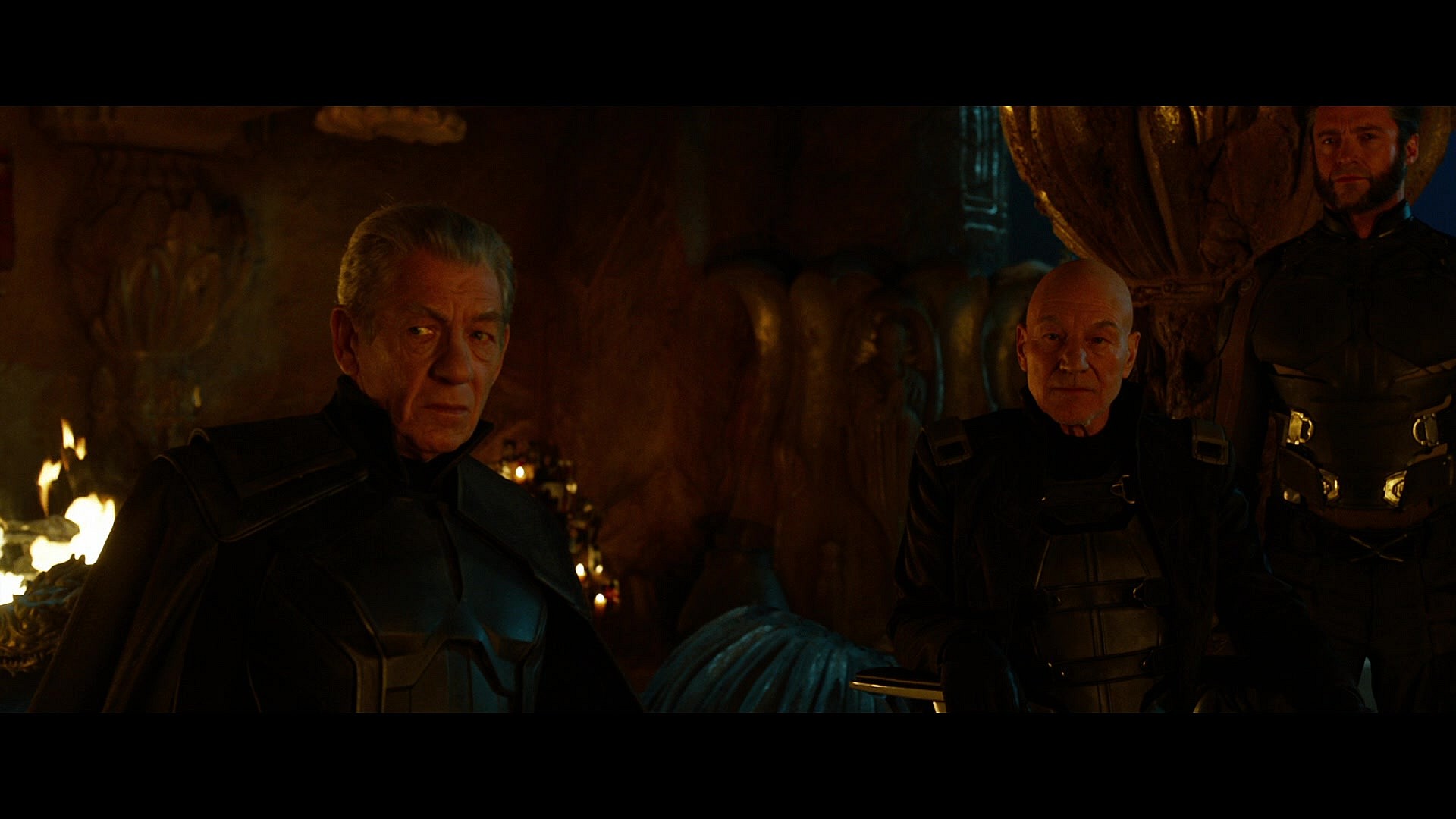 Magneto (Sir Ian McKellen), Professor X (Patrick Stewart), and Wolverine (Hugh Jackman) weigh their options against the Sentinels in X-Men: Days of Future Past (2014), Marvel Entertainment