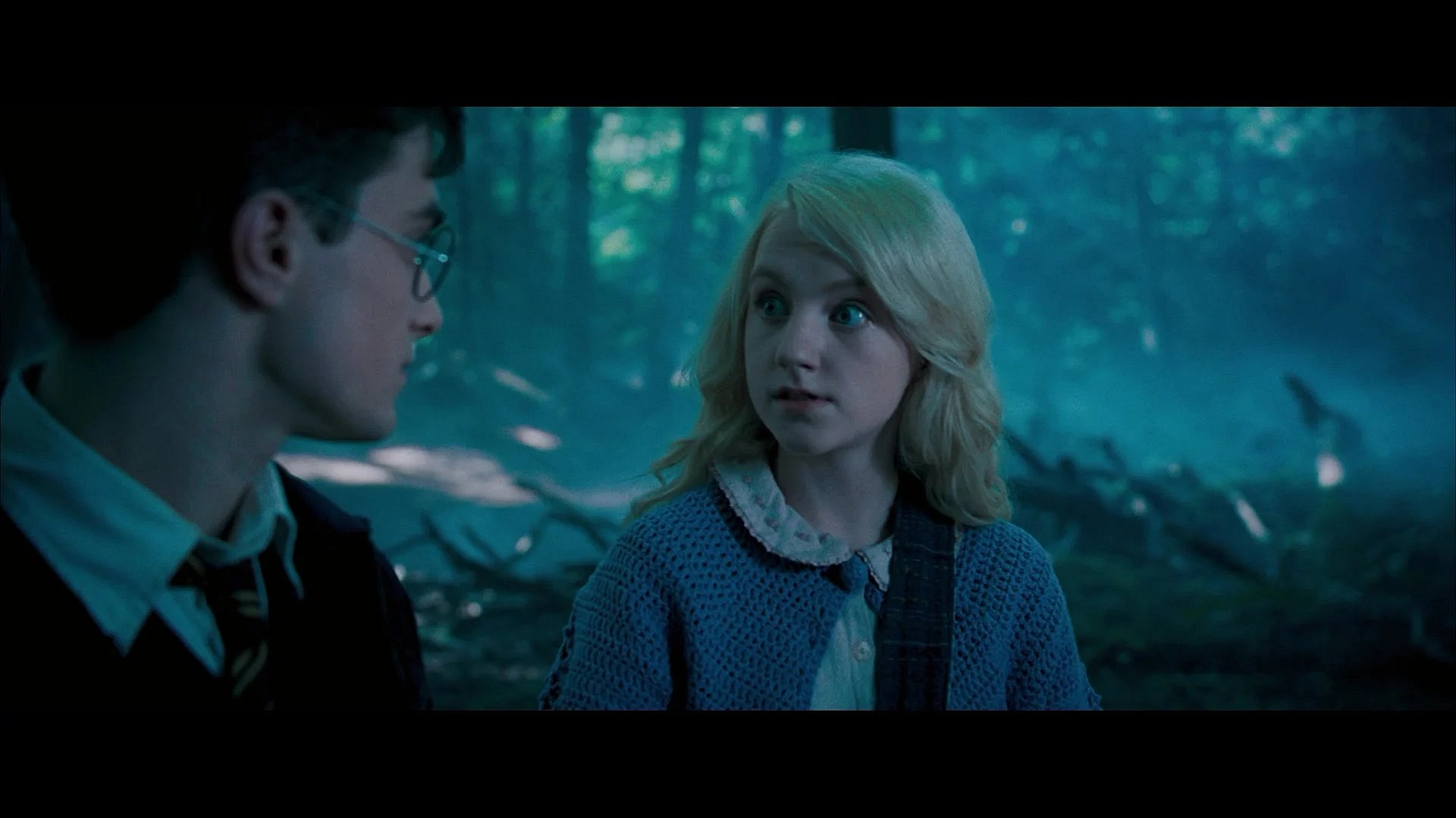 Harry Potter (Daniel Radcliffe) stumbles upon Luna Lovegood (Evanna Lynch) communing with a Thestral in Harry Potter and the Order of the Phoenix (2007), Warner Bros. Pictures