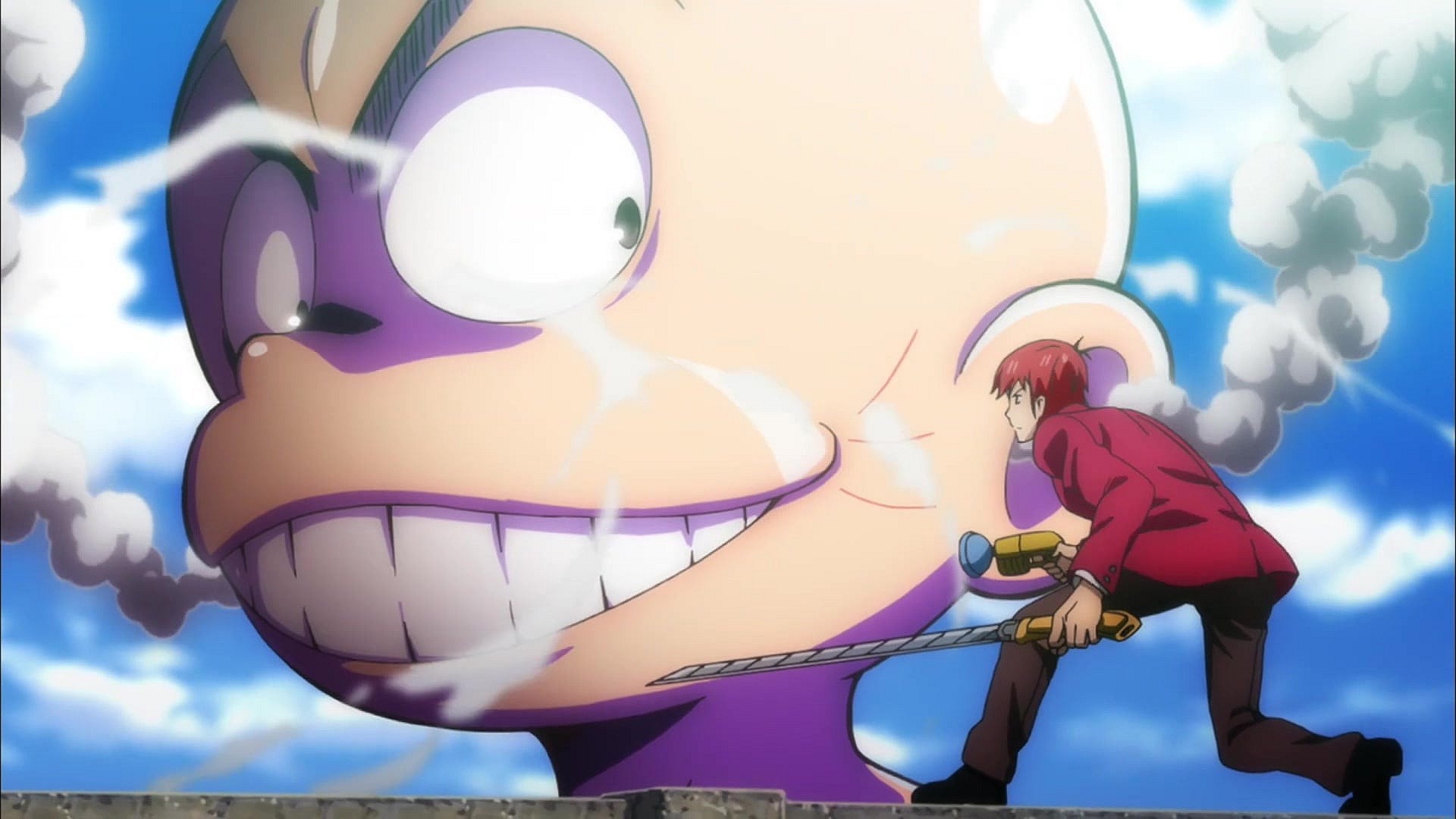 Osomatsu prepares to take on the Colossal Titan Chibita in a parody of 'Attack on Titan' in Mr. Osomatsu Episode 1 "Osomatsu-kun Returns!" (2015), Pierrot